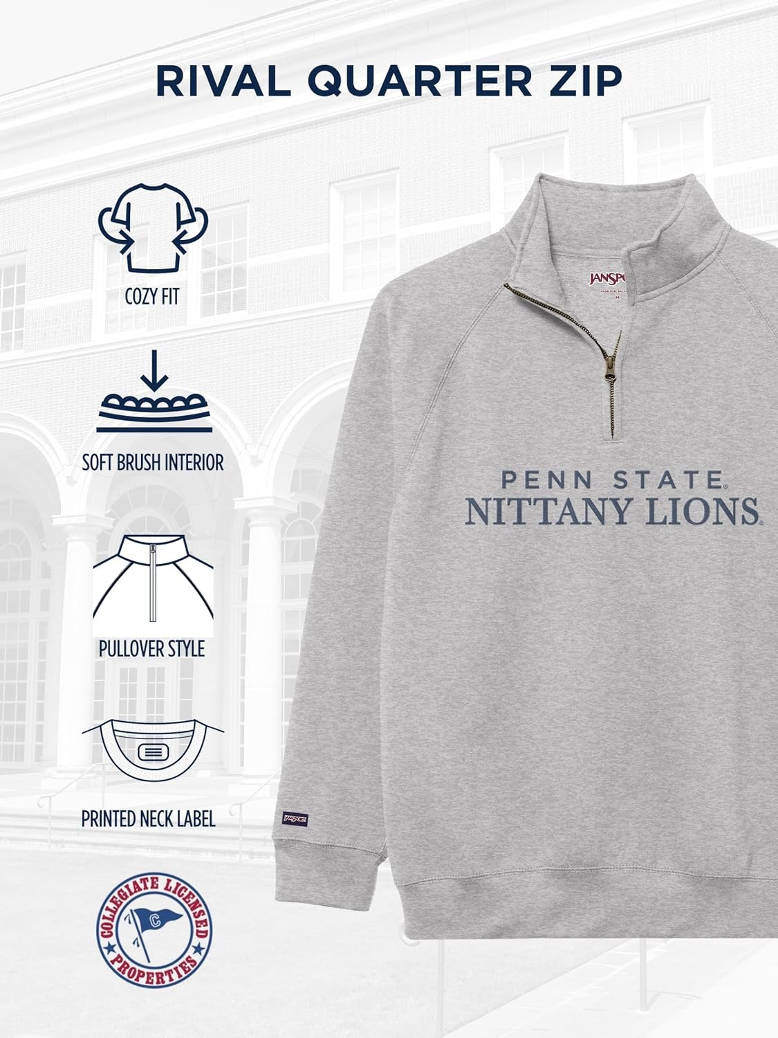 image:imageJanSport NCAA Officially Licensed Rival Quarter Zip Sweatshirt Long Sleeve Unisex CottonPolyester Blend StandUp CollarPenn State Nittany Lions