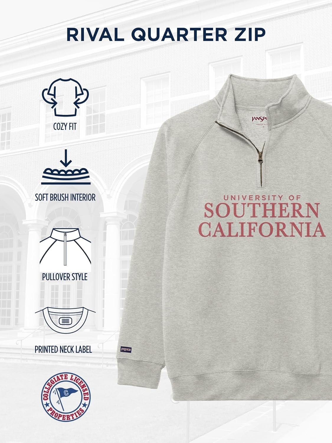 image:imageJanSport NCAA Officially Licensed Rival Quarter Zip Sweatshirt Long Sleeve Unisex CottonPolyester Blend StandUp CollarUSC Trojans