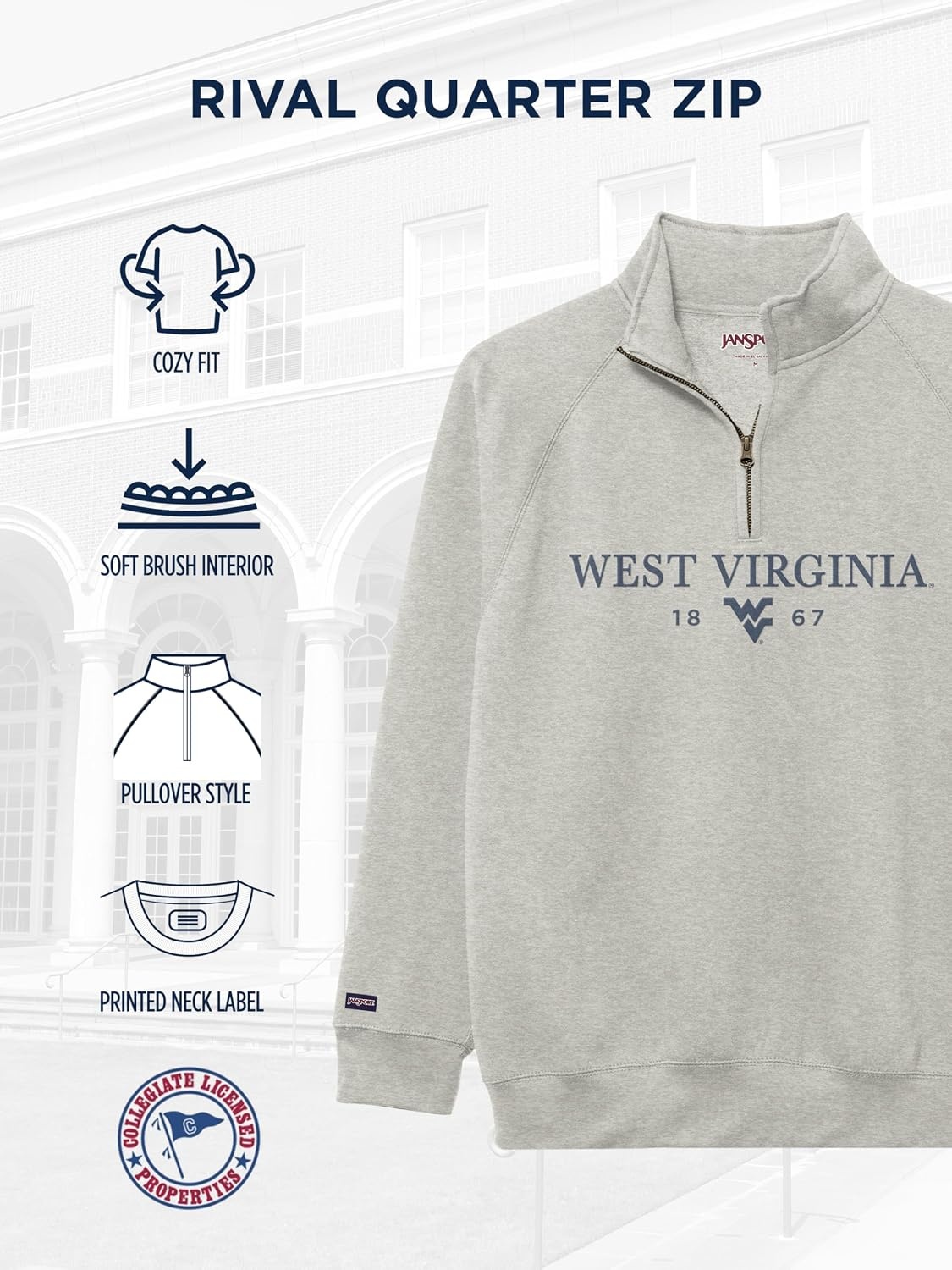 image:imageJanSport NCAA Officially Licensed Rival Quarter Zip Sweatshirt Long Sleeve Unisex CottonPolyester Blend StandUp CollarWest Virginia Mountaineers