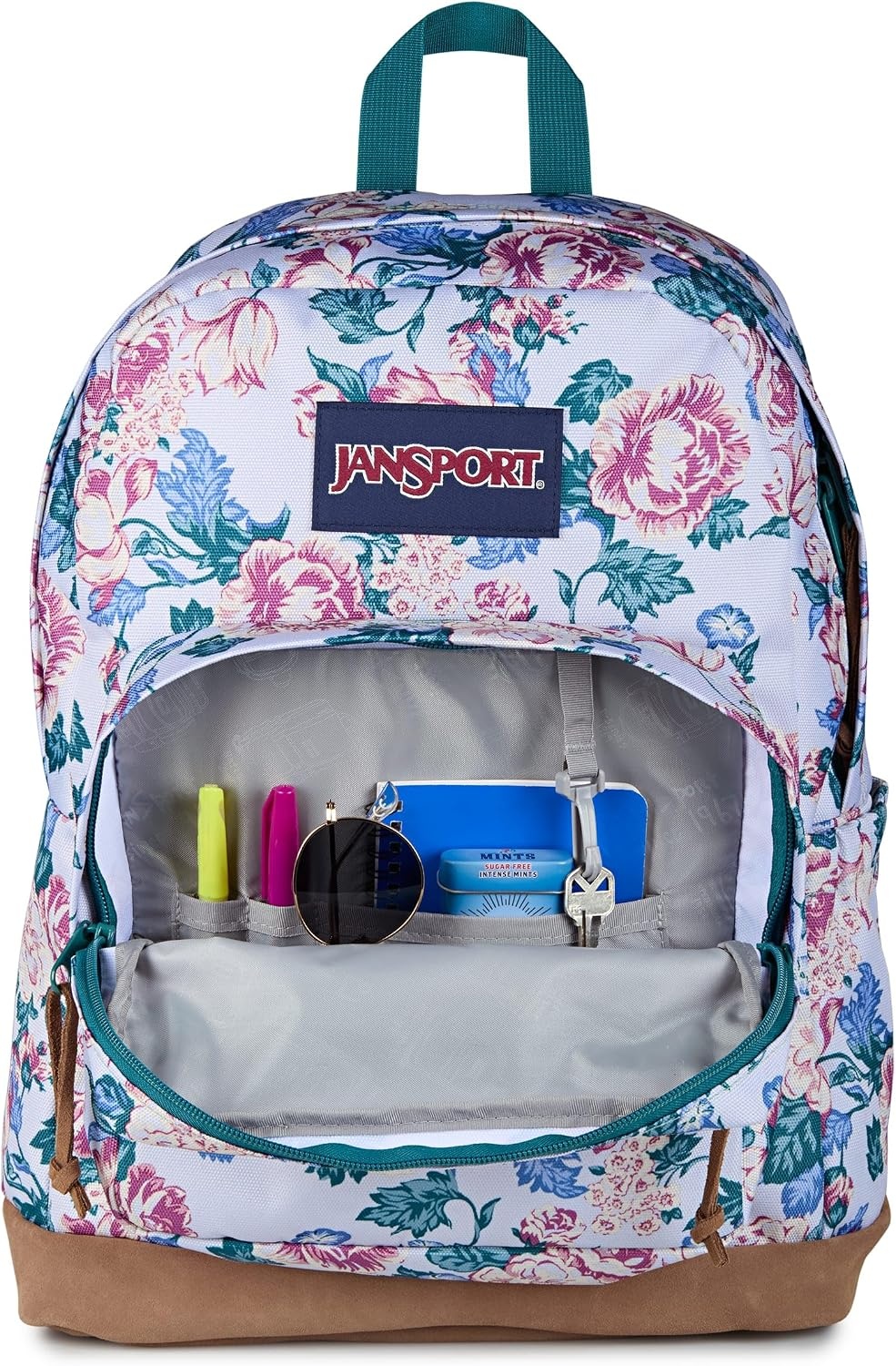 image:imageJanSport Right Pack Backpack Durable Daypack with Padded 15 Laptop Sleeve Spacious Main Compartment amp Integrated Water Bottle Pocket Animal IllusionRustic Roses Moon FlowerBluPnkGrn