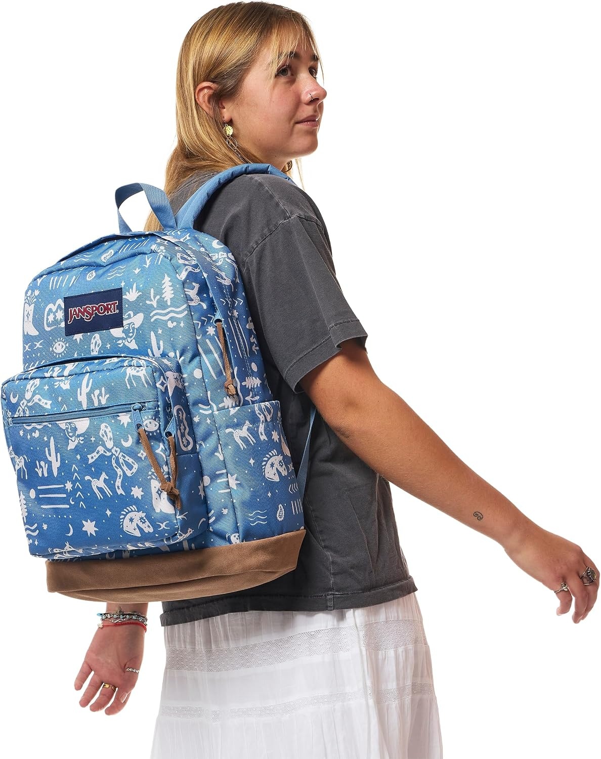 image:imageJanSport Right Pack Backpack Durable Daypack with Padded 15 Laptop Sleeve Spacious Main Compartment amp Integrated Water Bottle Pocket Animal IllusionYeehaw and Horses Elemental BlueCream