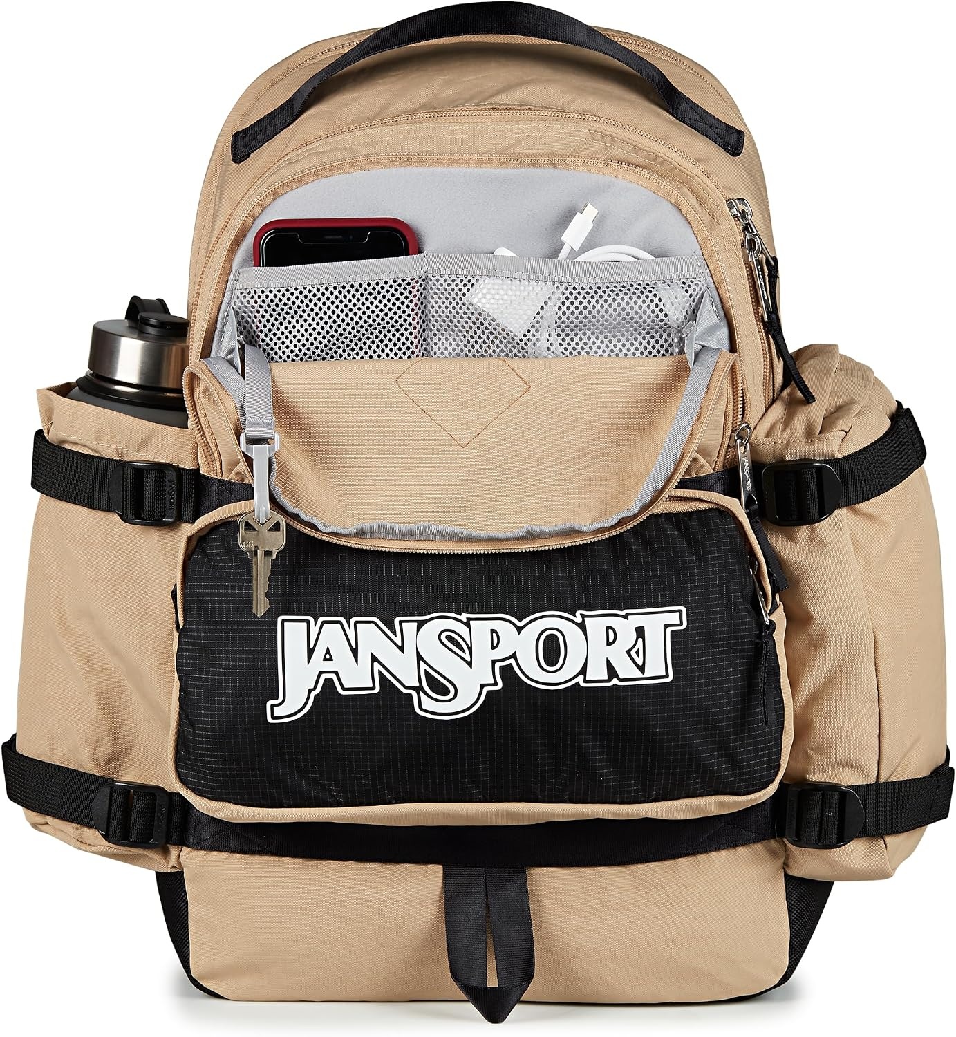 image:imageJanSport Seattle Pack Durable Backpack with Main Compartment Dual Water Bottle Pockets Lined Laptop Sleeve BlackTravertine