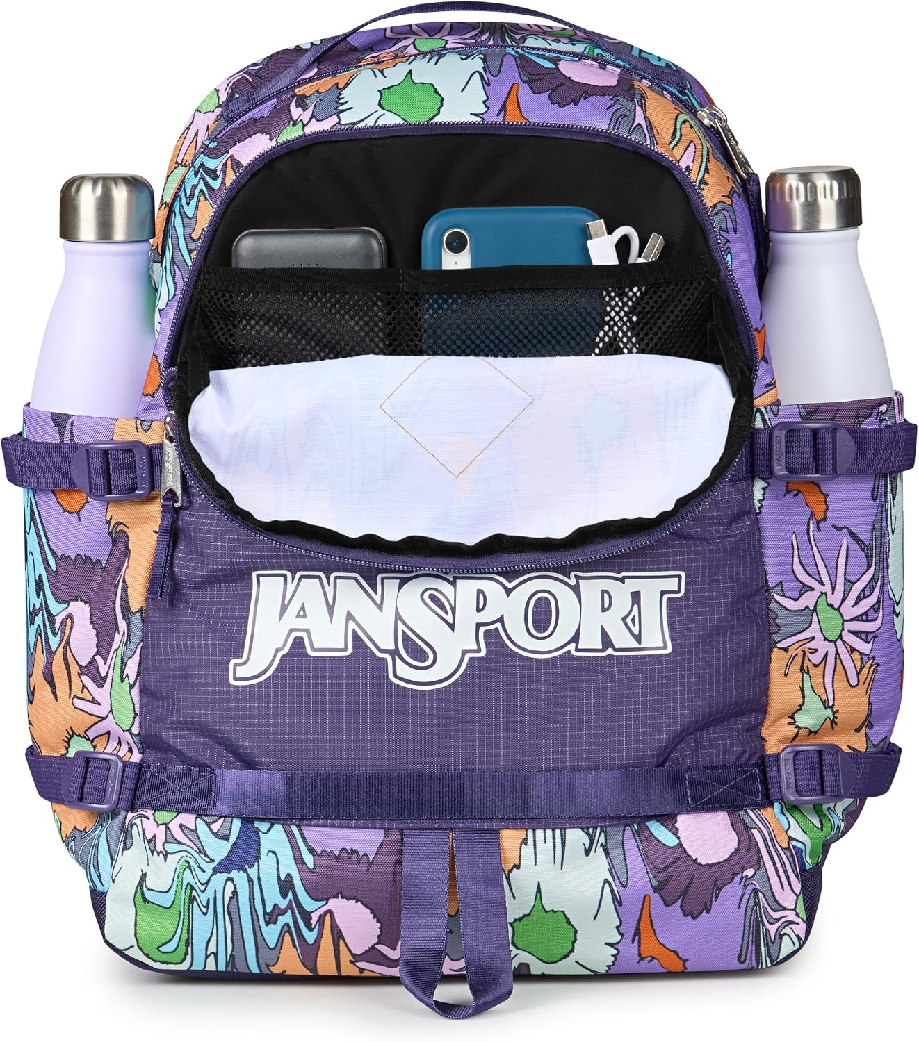 image:imageJanSport Small Seattle Pack Compact Backpack with Main Compartment Dual Water Bottle Pockets and Padded Sleeve for 15Inch Laptop BlackMelted Blooms Yellow