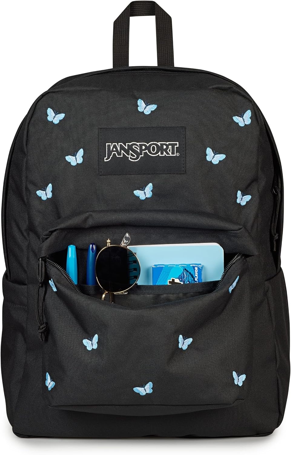 image:imageJanSport SuperBreak Plus Backpack with Padded 15inch Laptop Sleeve and Integrated Bottle Pocket Spacious and Durable Daypack for Work and Travel Butterfly BaddieTiny Butterflies BlackMd BluLt Blu