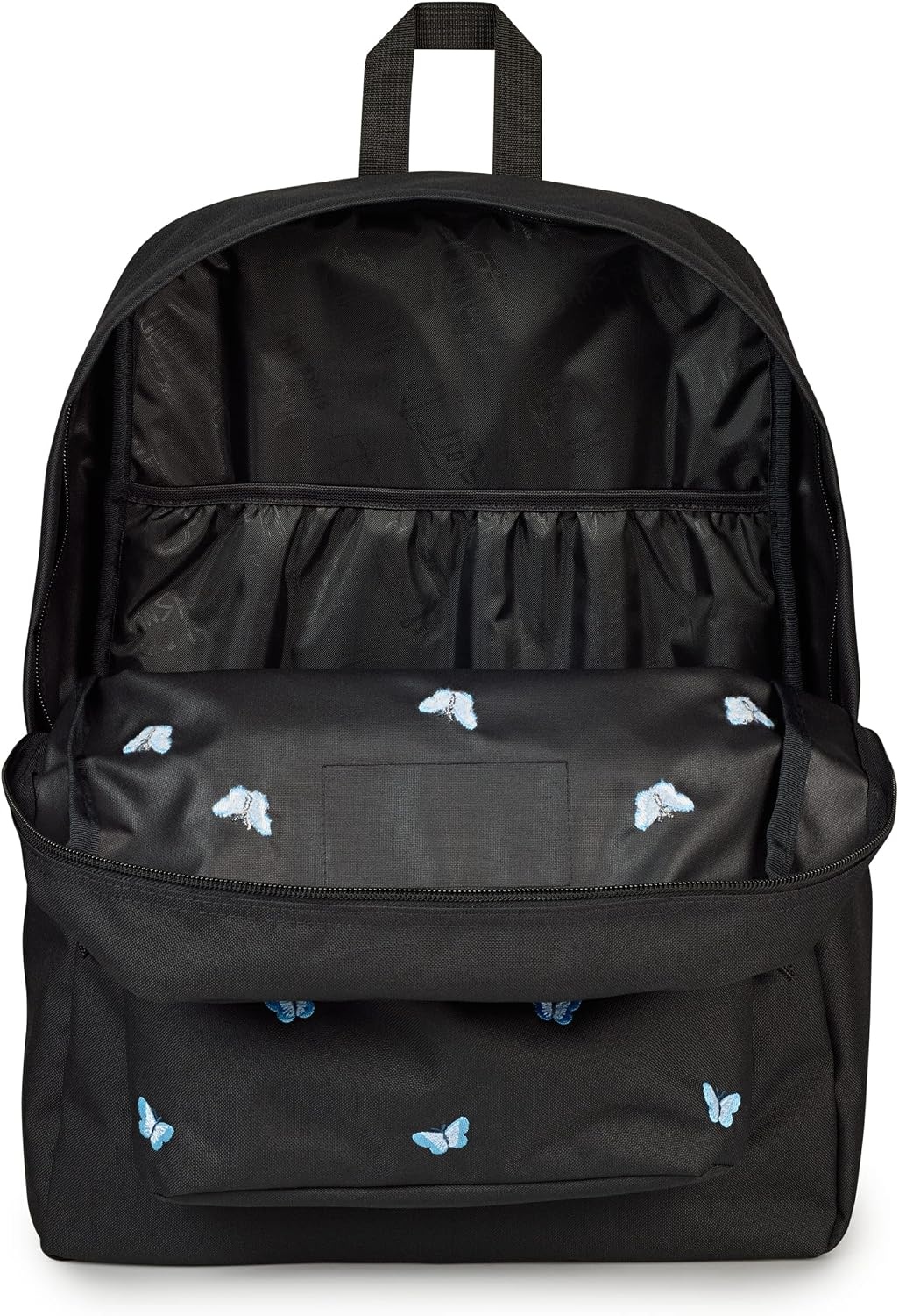 image:imageJanSport SuperBreak Plus Backpack with Padded 15inch Laptop Sleeve and Integrated Bottle Pocket Spacious and Durable Daypack for Work and Travel Butterfly BaddieTiny Butterflies BlackMd BluLt Blu