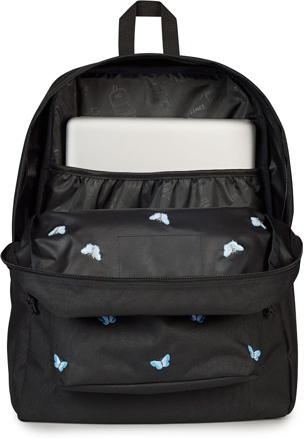 image:imageJanSport SuperBreak Plus Backpack with Padded 15inch Laptop Sleeve and Integrated Bottle Pocket Spacious and Durable Daypack for Work and Travel Butterfly BaddieTiny Butterflies BlackMd BluLt Blu