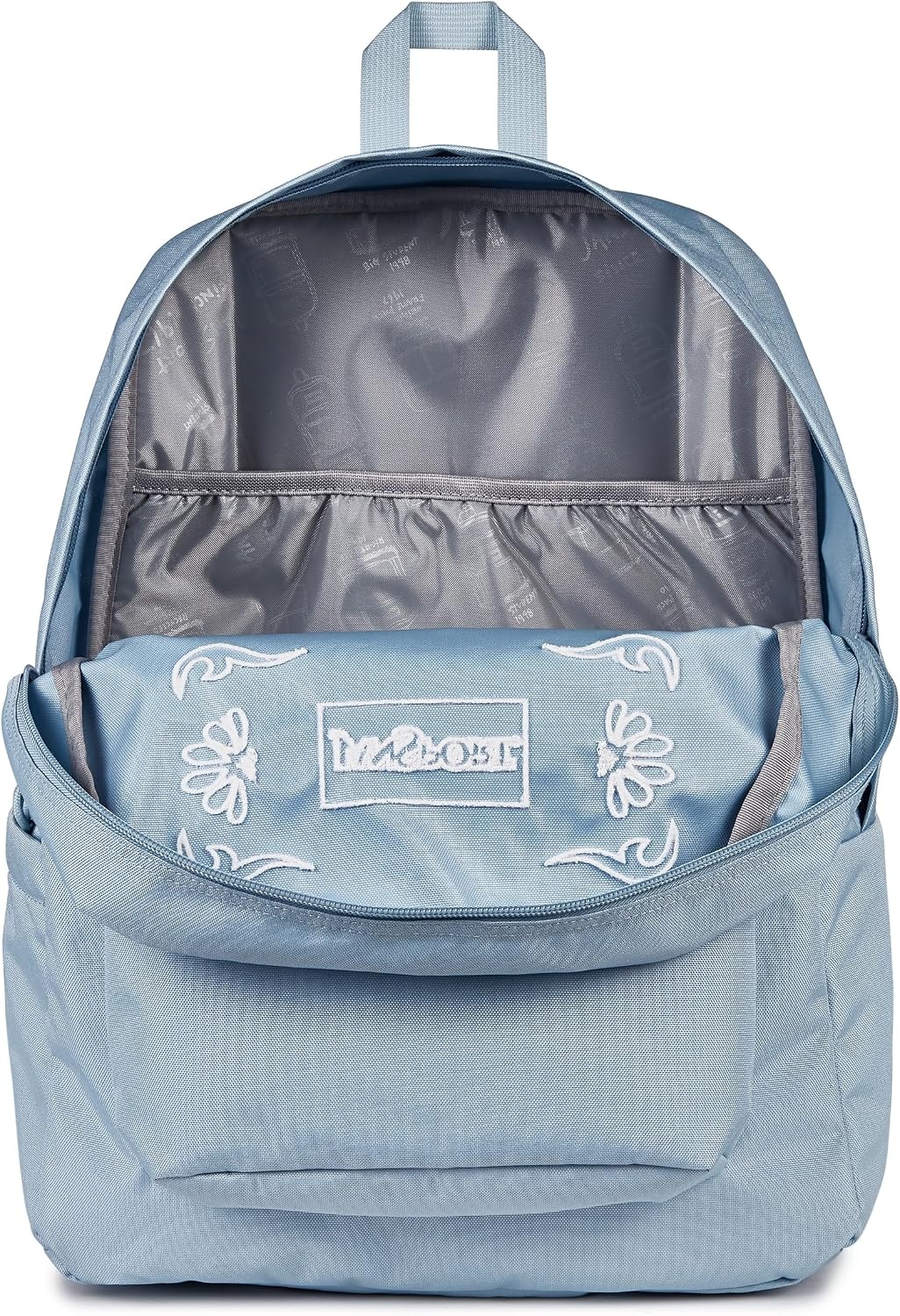 image:imageJanSport SuperBreak Plus Backpack with Padded 15inch Laptop Sleeve and Integrated Bottle Pocket Spacious and Durable Daypack for Work and Travel Butterfly BaddieBandana Jam Emb Blue DuskWhiteWhite