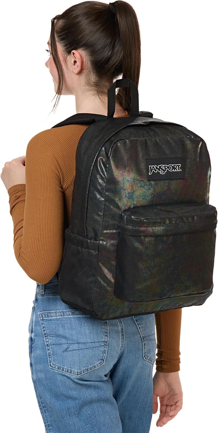 image:imageJanSport SuperBreak Plus Backpack with Padded 15inch Laptop Sleeve and Integrated Bottle Pocket Spacious and Durable Daypack for Work and Travel Butterfly BaddieOil Slick Black