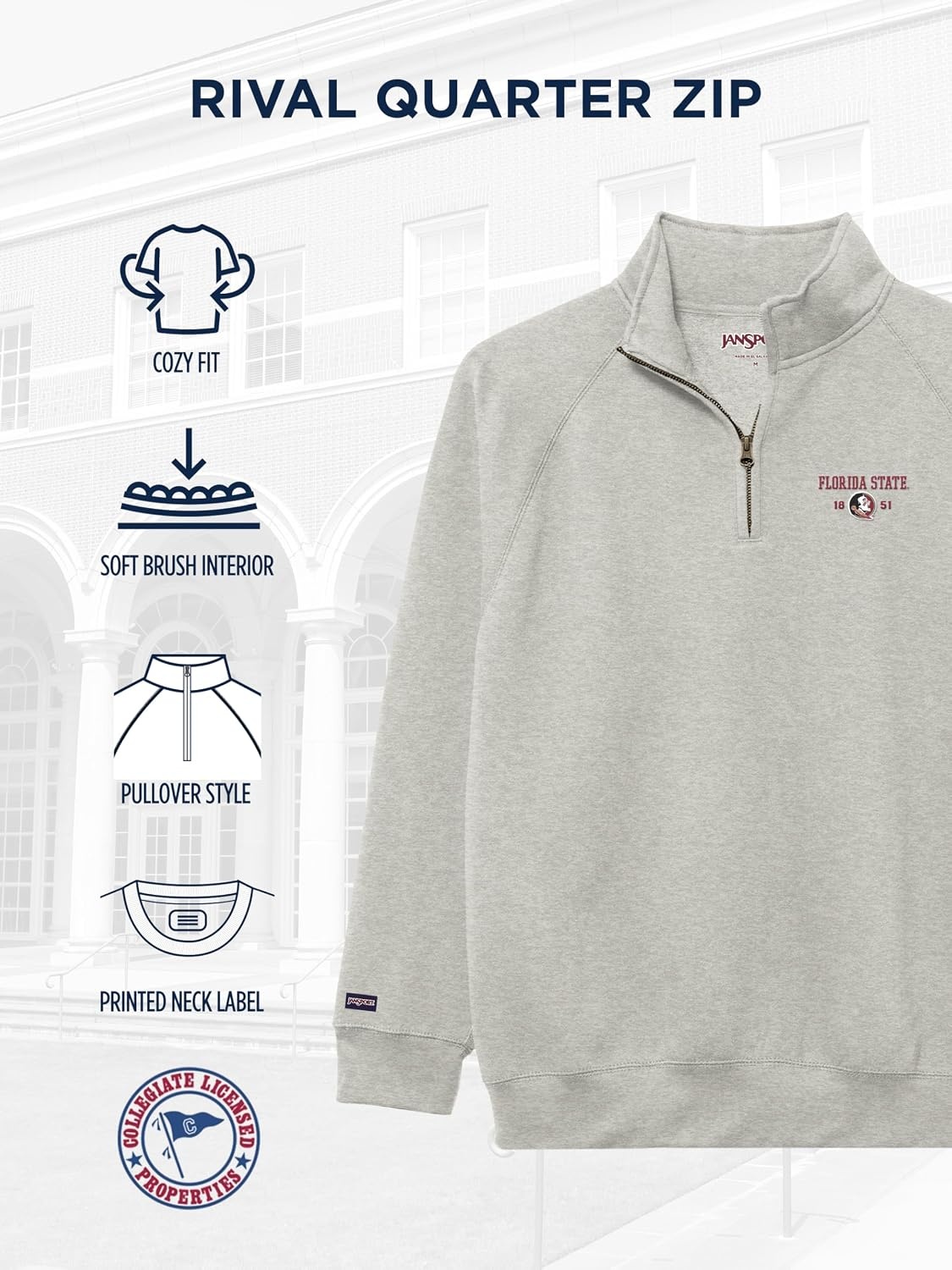 image:imageJanSport Unisex Adult NCAA Officially Licensed Rival Long Sleeve StandUp Collar Quarter Zip SweatshirtFlorida State Seminoles