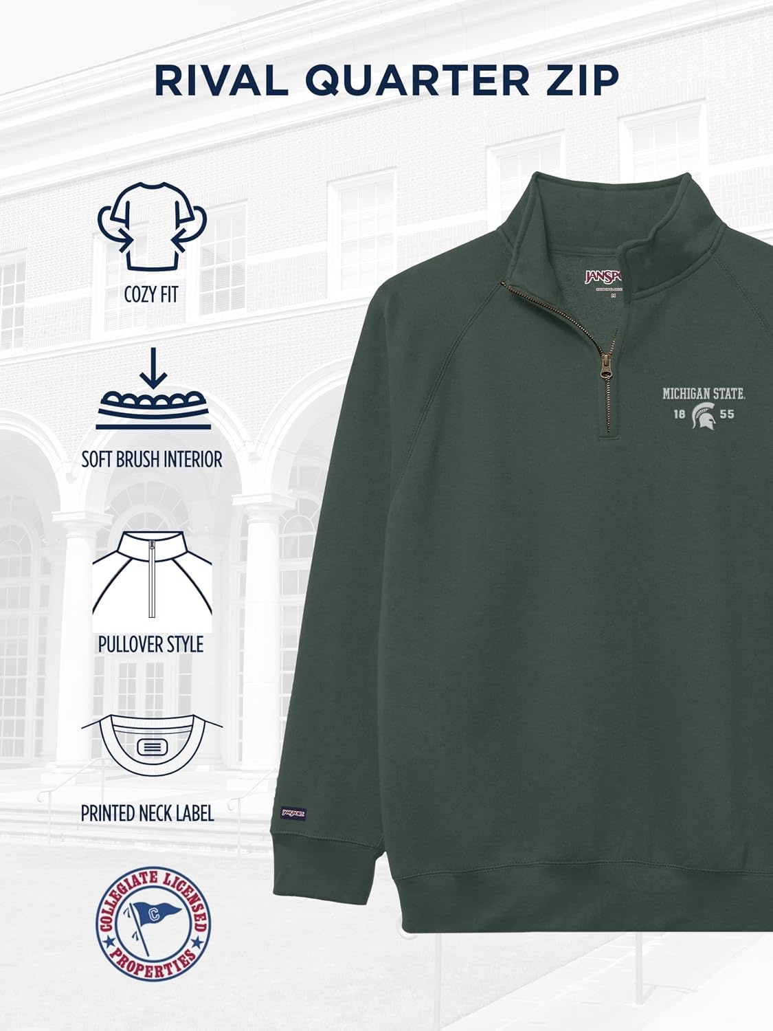 image:imageJanSport Unisex Adult NCAA Officially Licensed Rival Long Sleeve StandUp Collar Quarter Zip SweatshirtMichigan State Spartans