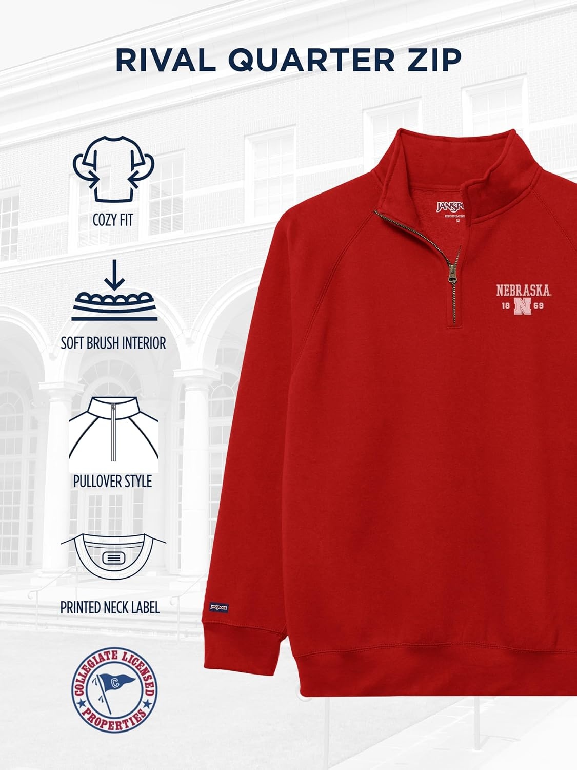 image:imageJanSport Unisex Adult NCAA Officially Licensed Rival Long Sleeve StandUp Collar Quarter Zip SweatshirtNebraska Cornhuskers