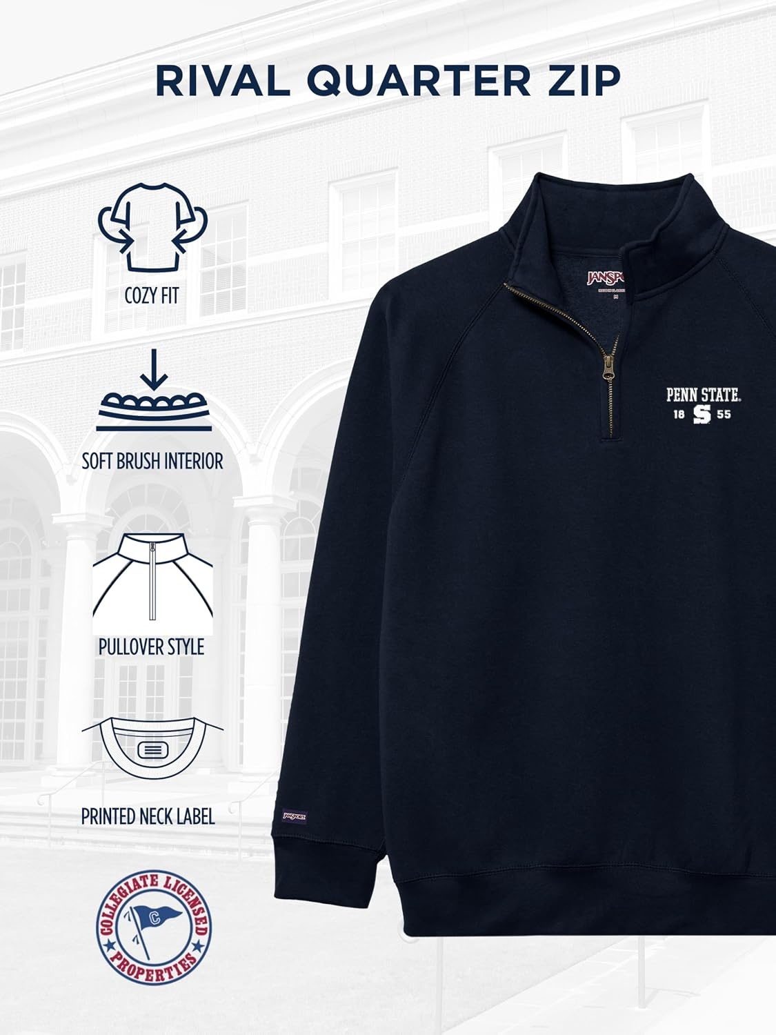 image:imageJanSport Unisex Adult NCAA Officially Licensed Rival Long Sleeve StandUp Collar Quarter Zip SweatshirtPenn State Nittany Lions