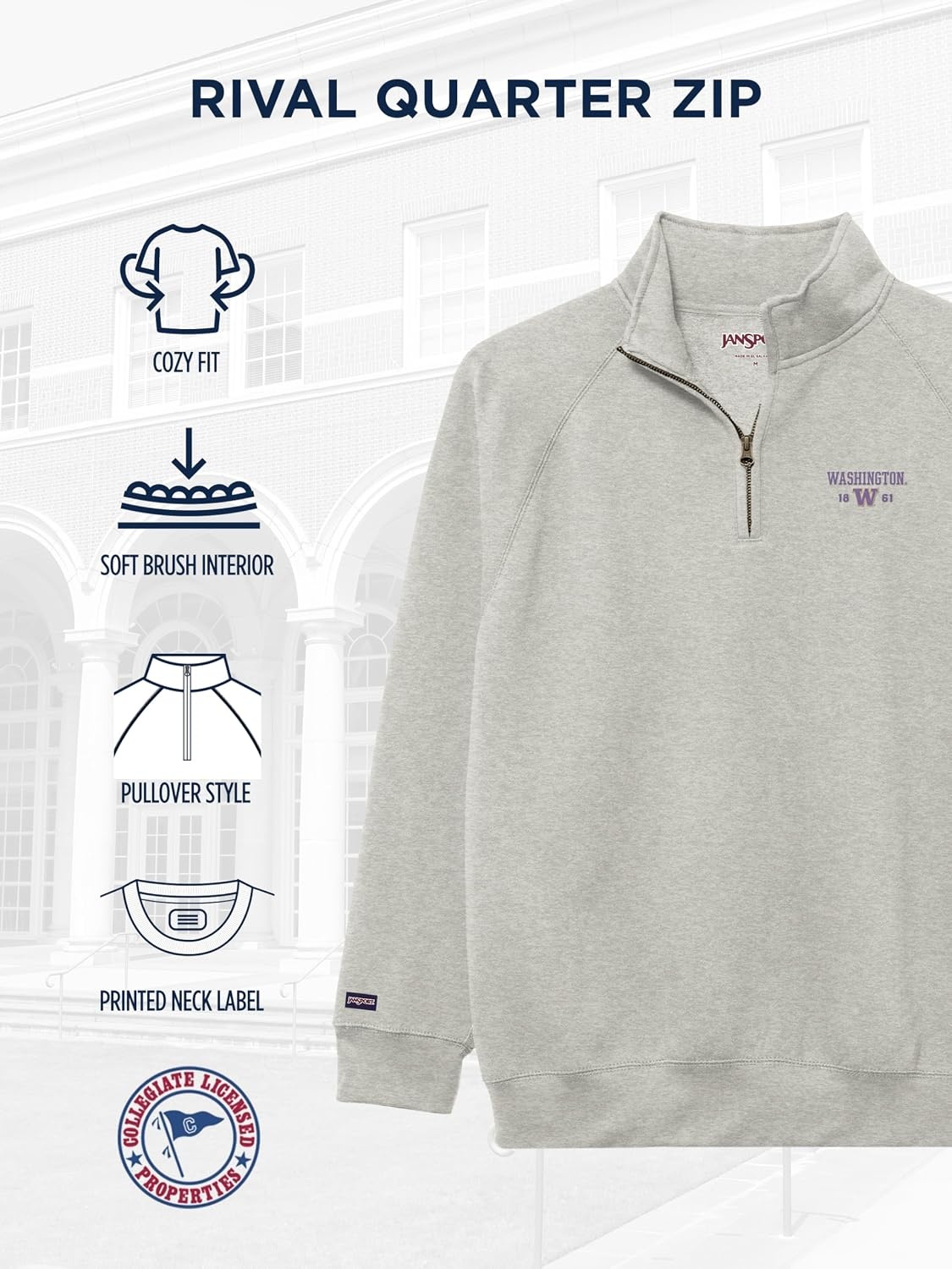 image:imageJanSport Unisex Adult NCAA Officially Licensed Rival Long Sleeve StandUp Collar Quarter Zip SweatshirtWashington Huskies