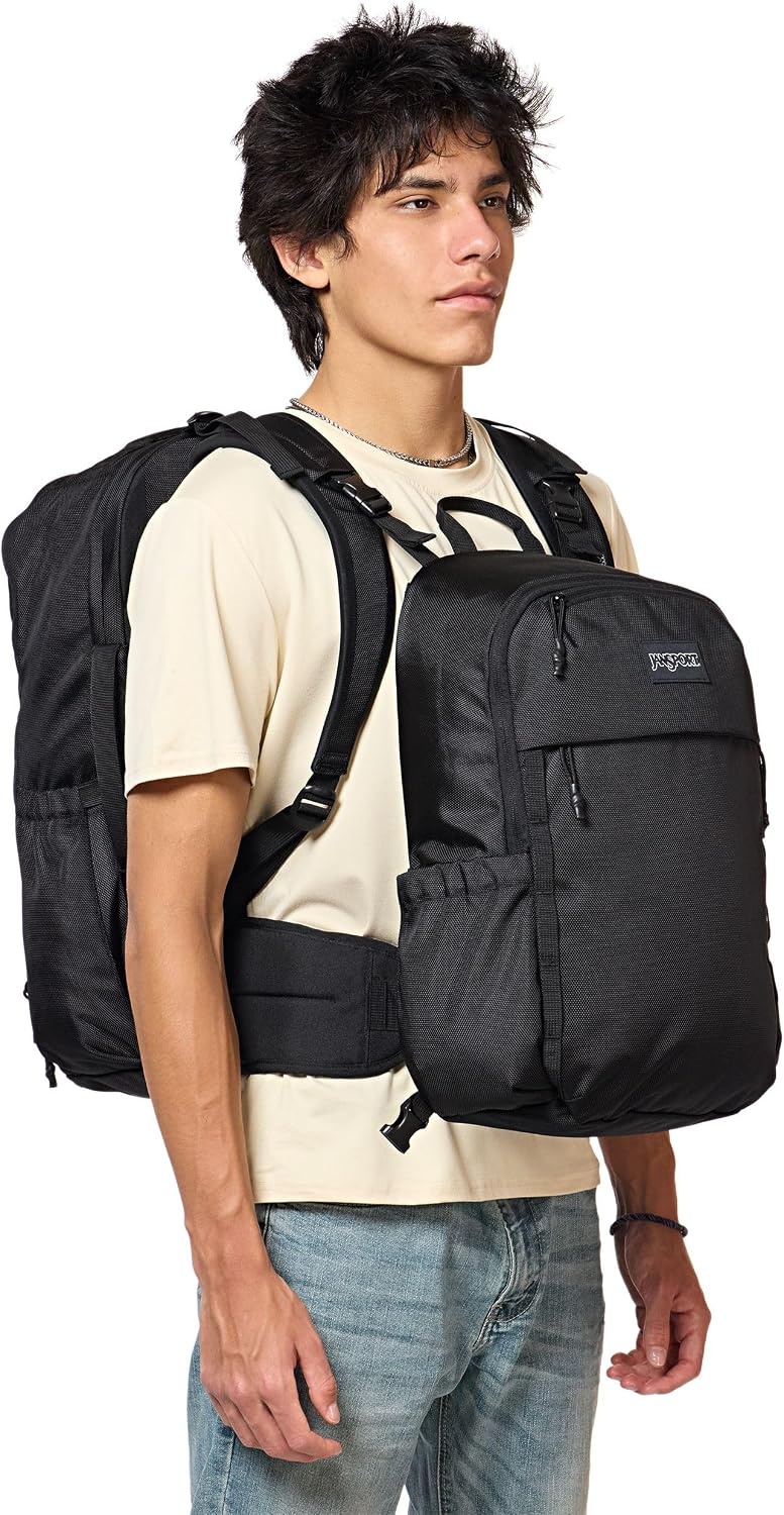 image:imageJanSport Venture Daypack Travel Pack With Large Main Compartment Padded Laptop Sleeve Dual Water Bottle Pockets and Attachment Buckles BlackBlack