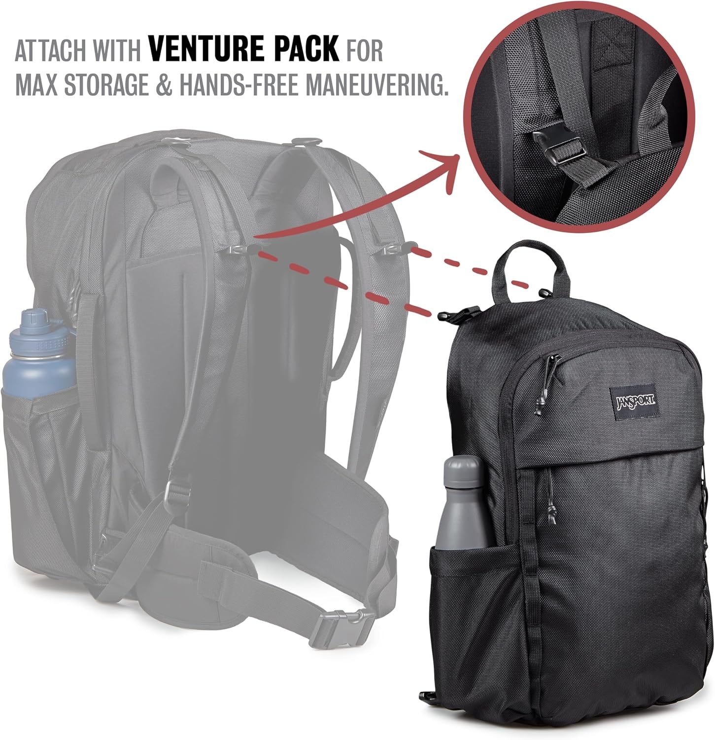 image:imageJanSport Venture Daypack Travel Pack With Large Main Compartment Padded Laptop Sleeve Dual Water Bottle Pockets and Attachment Buckles BlackCargo Green