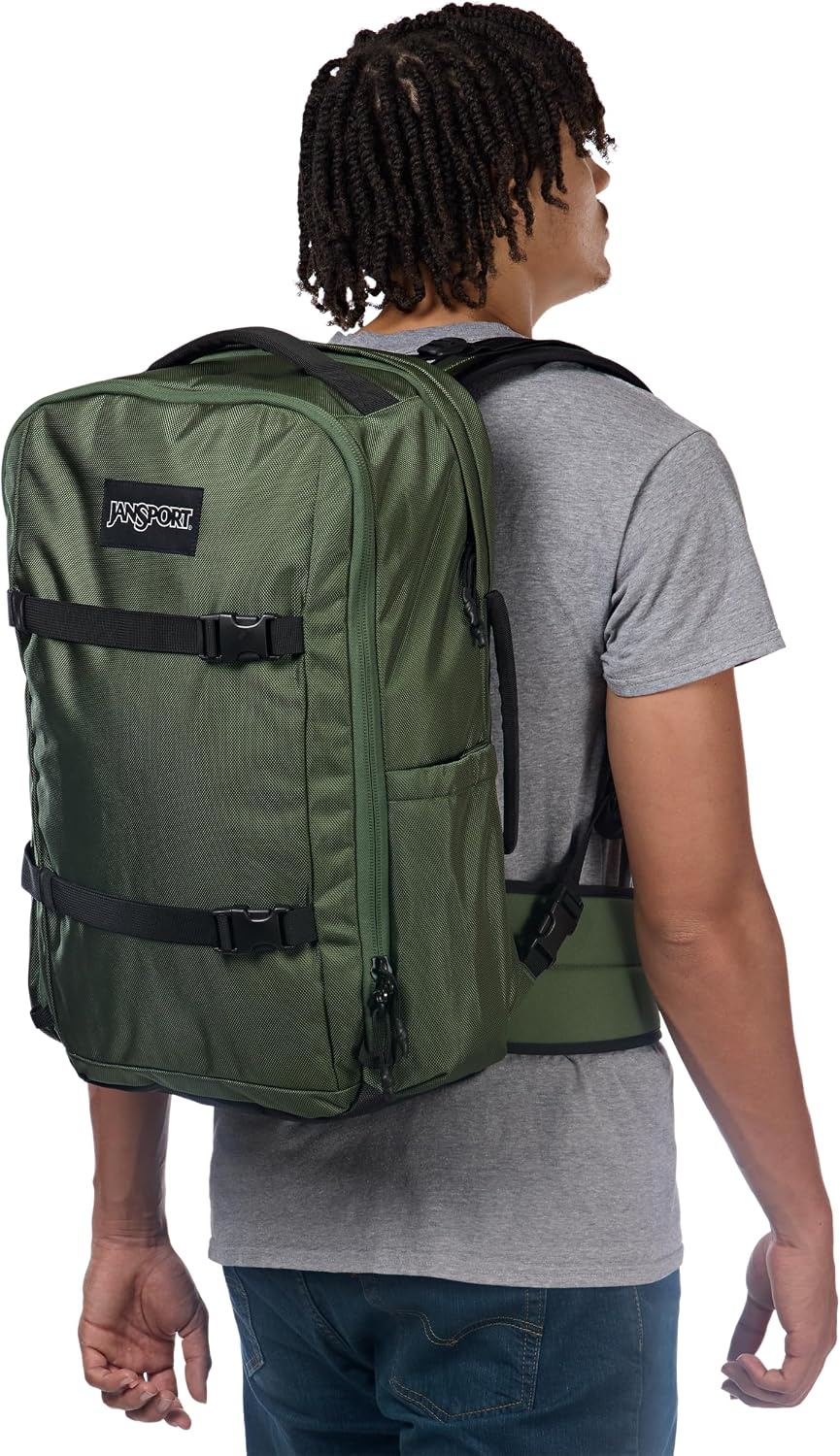 image:imageJanSport Venture Daypack Travel Pack With Large Main Compartment Padded Laptop Sleeve Dual Water Bottle Pockets and Attachment Buckles BlackCargo Green