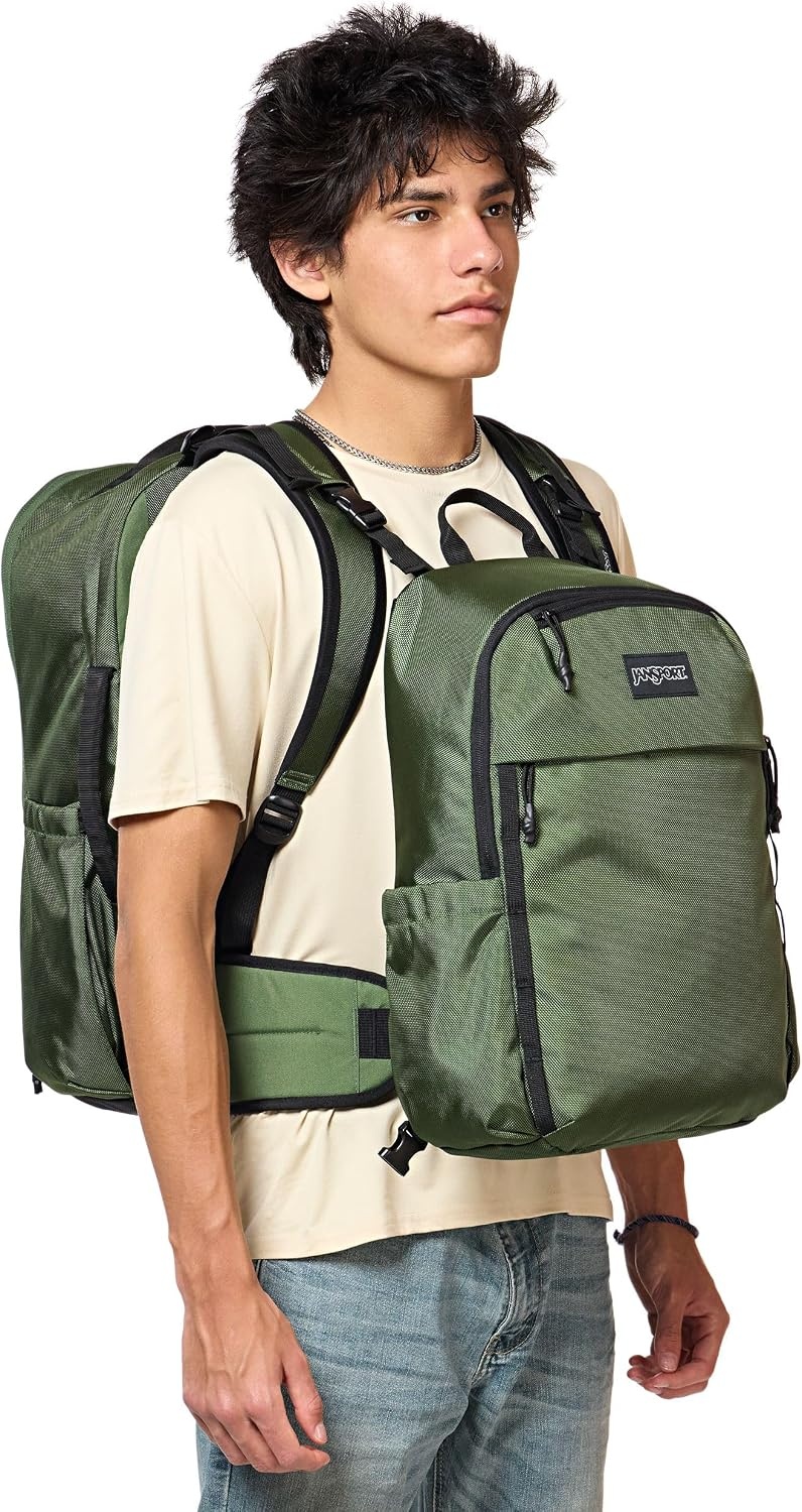 image:imageJanSport Venture Daypack Travel Pack With Large Main Compartment Padded Laptop Sleeve Dual Water Bottle Pockets and Attachment Buckles BlackCargo Green