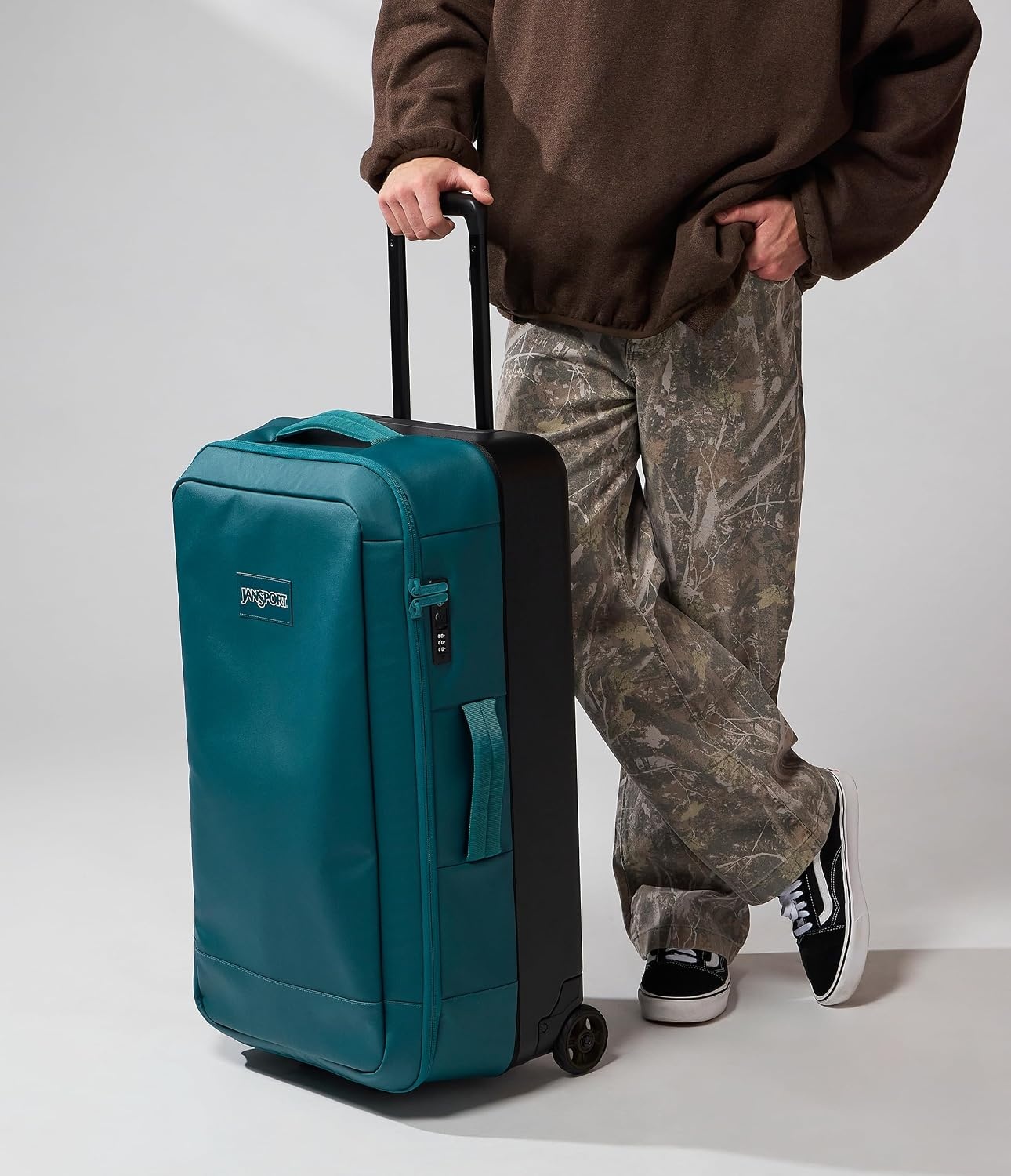 image:imageJansport Good Latitude 95L Rolling Duffel Bag Checked Bag Heavy Duty Travel Suitcase with Wheels TSA Lock amp Polycarbonate Hard Shell Bottom Smokey GritEmerald Pool