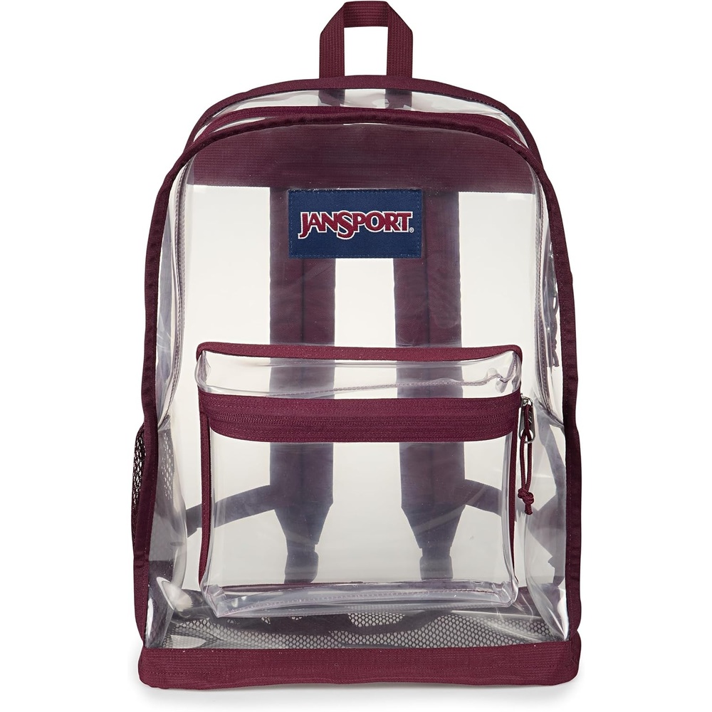 image:imageJanSport Clear Pack 255L Transparent Backpack Large Main Compartment Side Water Bottle Pocket Front Zippered Pocket Mesh Bottom Panel ClearCherry Lacquer