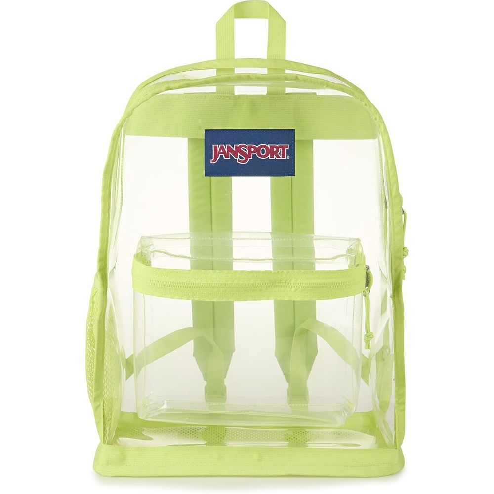 image:imageJanSport Clear Pack 255L Transparent Backpack Large Main Compartment Side Water Bottle Pocket Front Zippered Pocket Mesh Bottom Panel ClearCitron Lime