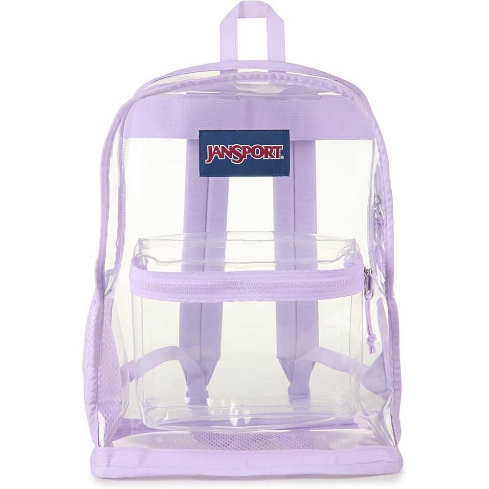 image:imageJanSport Clear Pack 255L Transparent Backpack Large Main Compartment Side Water Bottle Pocket Front Zippered Pocket Mesh Bottom Panel ClearPastel Lilac