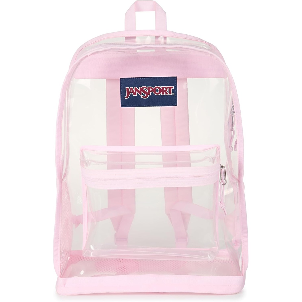 image:imageJanSport Clear Pack 255L Transparent Backpack Large Main Compartment Side Water Bottle Pocket Front Zippered Pocket Mesh Bottom Panel ClearPink Ice