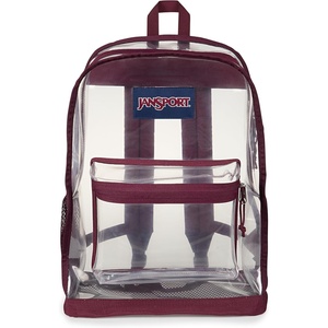 JanSport Clear Pack – 25.5L Transparent Backpack, Large Main Compartment, Side Water Bottle Pocket, Front Zippered Pocket, Mesh Bottom Panel, Clear(Cherry Lacquer)
