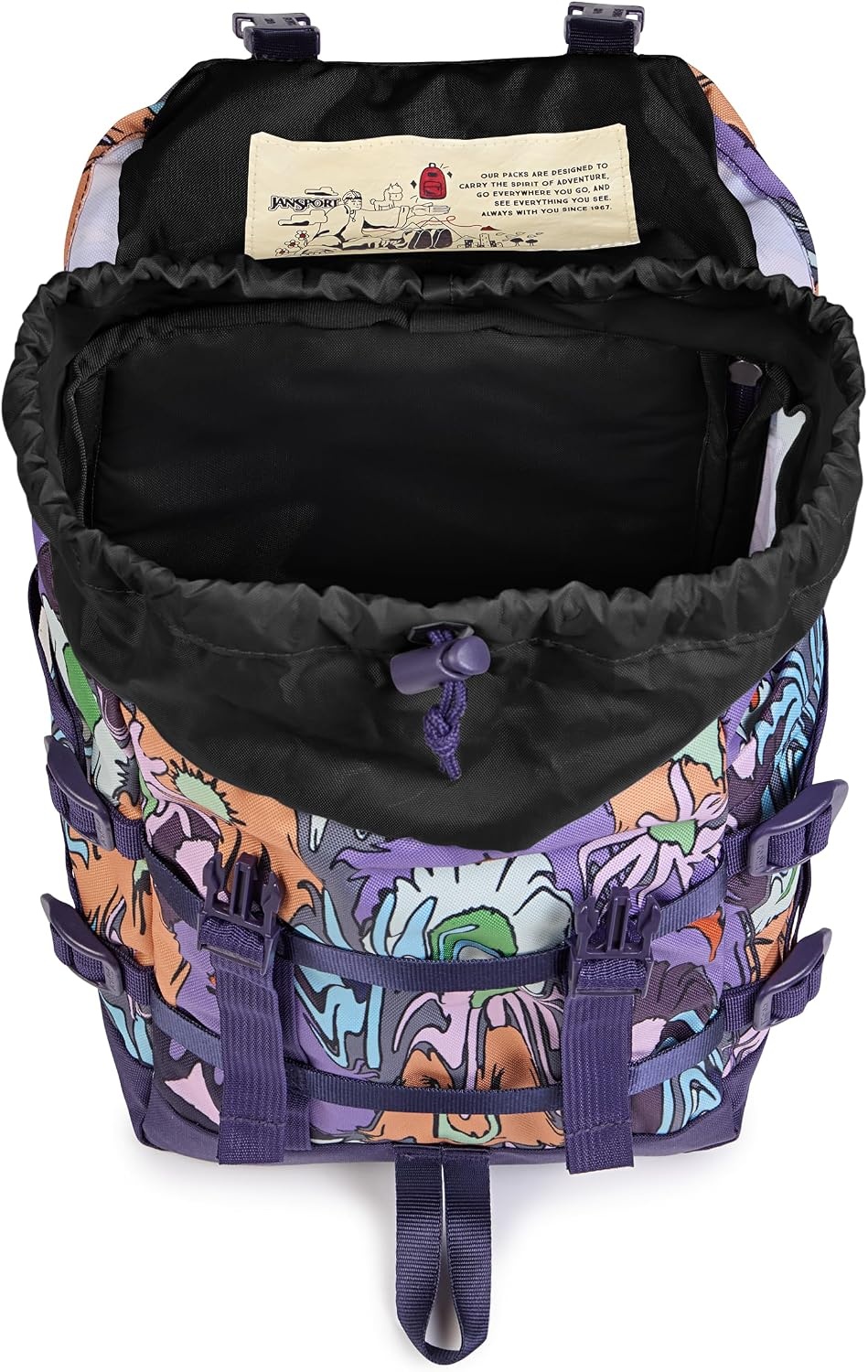 image:imageJanSport Mini Skip Pack Compact Backpack with Main Compartment Side Water Bottle Pocket and Zippered Accessory Pocket Jelly KellyMelted Blooms Yellow
