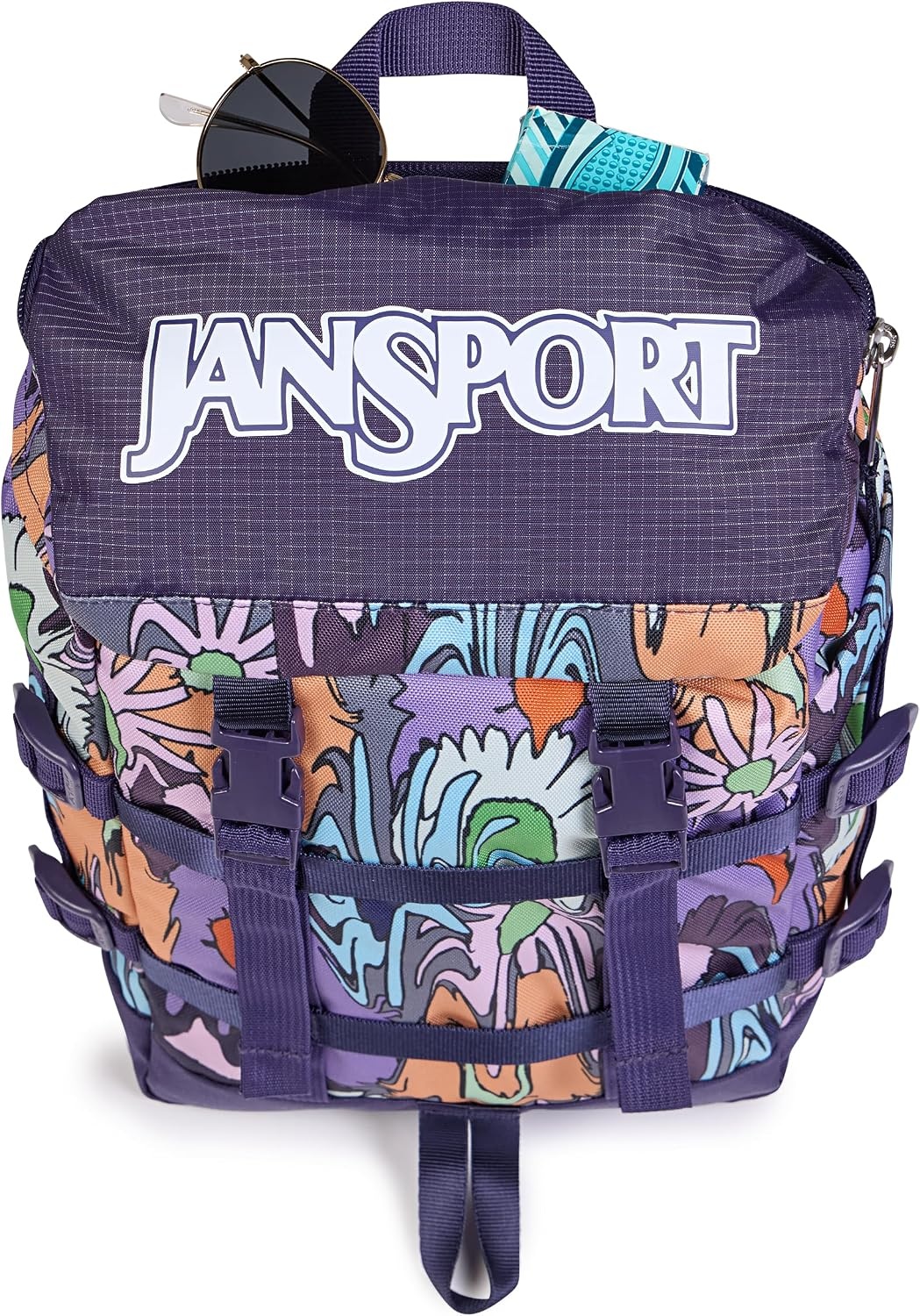 image:imageJanSport Mini Skip Pack Compact Backpack with Main Compartment Side Water Bottle Pocket and Zippered Accessory Pocket Jelly KellyMelted Blooms Yellow