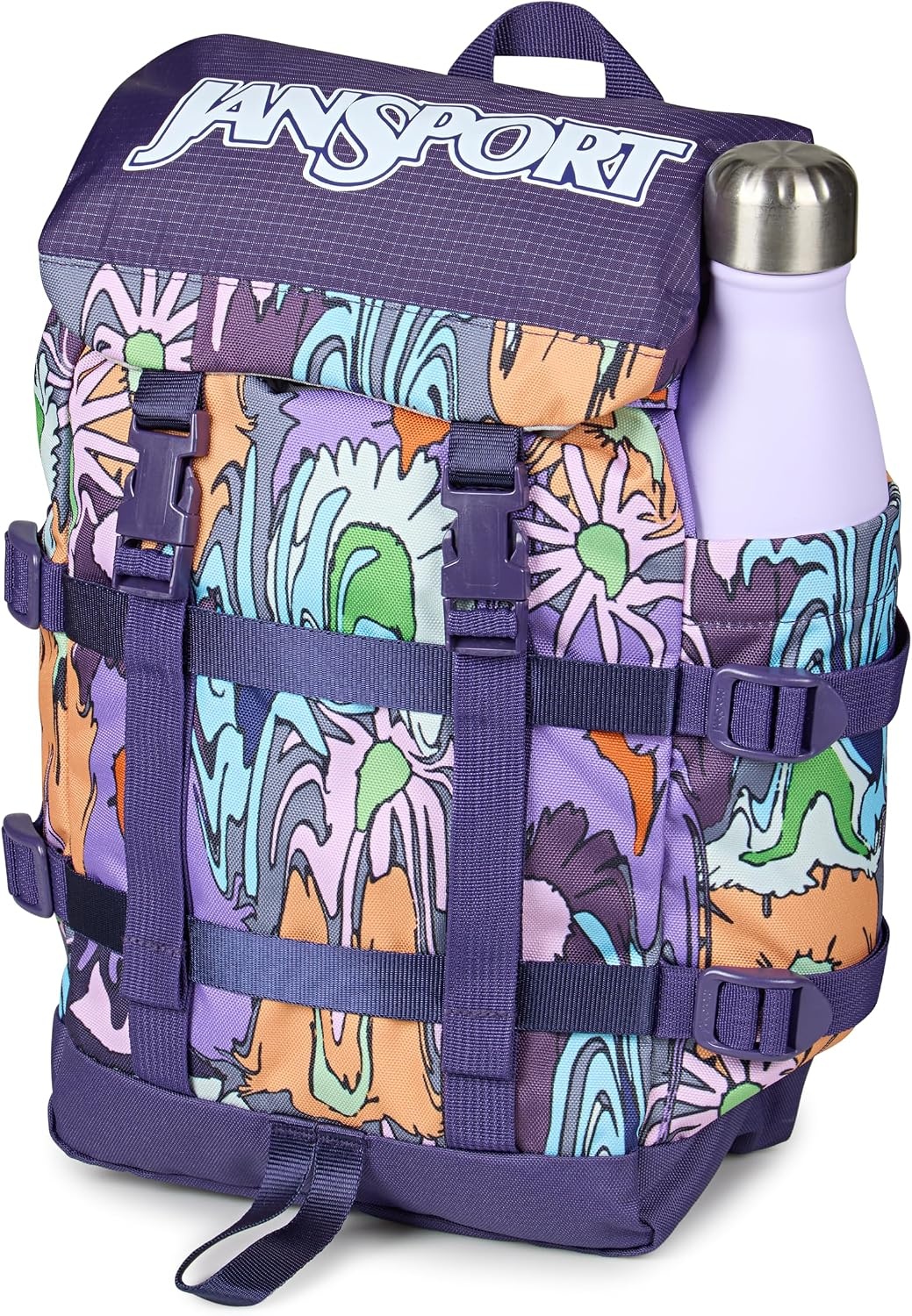 image:imageJanSport Mini Skip Pack Compact Backpack with Main Compartment Side Water Bottle Pocket and Zippered Accessory Pocket Jelly KellyMelted Blooms Yellow