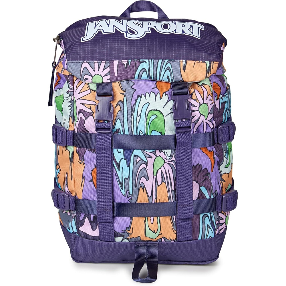 image:imageJanSport Mini Skip Pack Compact Backpack with Main Compartment Side Water Bottle Pocket and Zippered Accessory Pocket Jelly KellyMelted Blooms Yellow