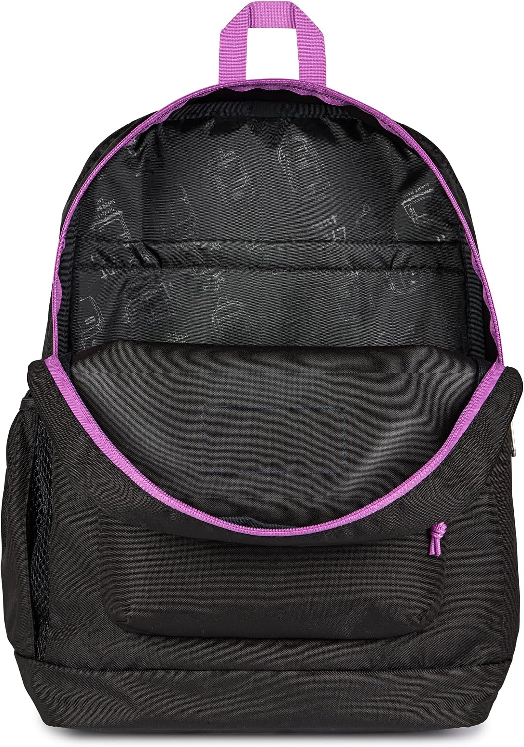 image:imageJanSport Cross Town Plus Backpack Large Main Compartment Side Water Bottle Pocket 15Inch Padded Laptop Sleeve Emerald PoolColor Blocked BlackDigital FuchsiaD