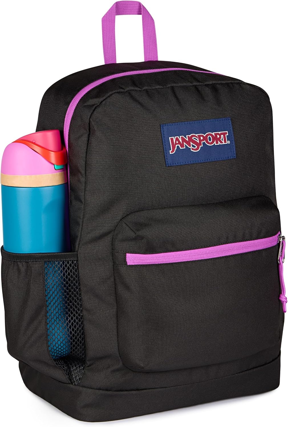 image:imageJanSport Cross Town Plus Backpack Large Main Compartment Side Water Bottle Pocket 15Inch Padded Laptop Sleeve Emerald PoolColor Blocked BlackDigital FuchsiaD