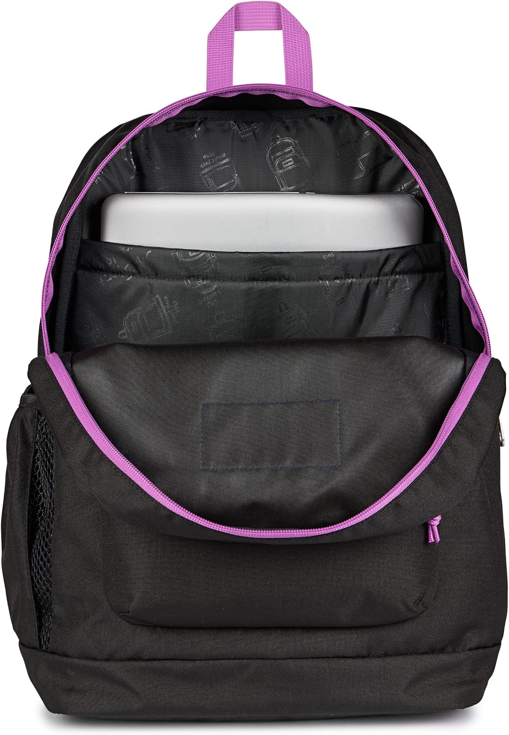 image:imageJanSport Cross Town Plus Backpack Large Main Compartment Side Water Bottle Pocket 15Inch Padded Laptop Sleeve Emerald PoolColor Blocked BlackDigital FuchsiaD
