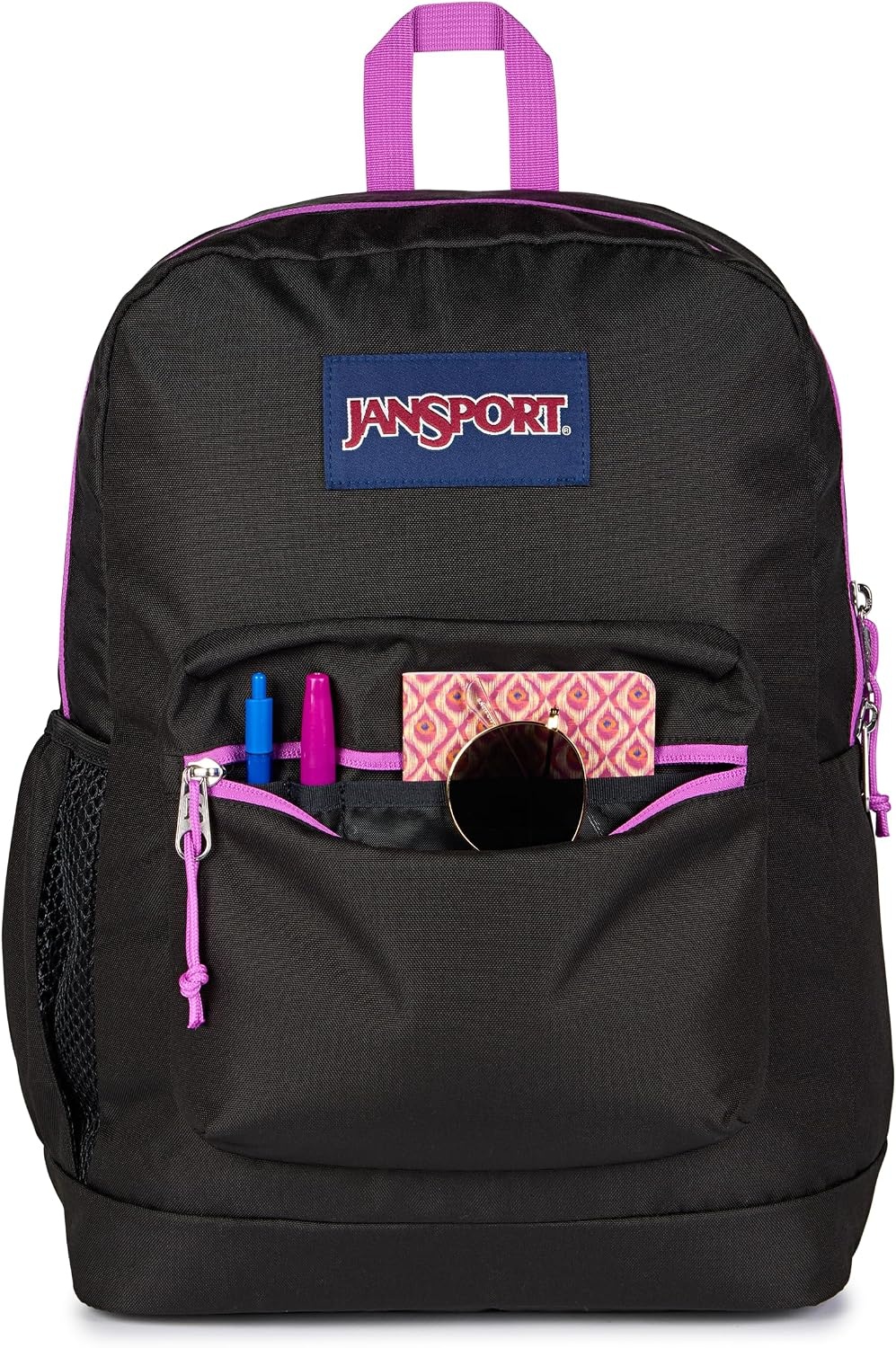 image:imageJanSport Cross Town Plus Backpack Large Main Compartment Side Water Bottle Pocket 15Inch Padded Laptop Sleeve Emerald PoolColor Blocked BlackDigital FuchsiaD