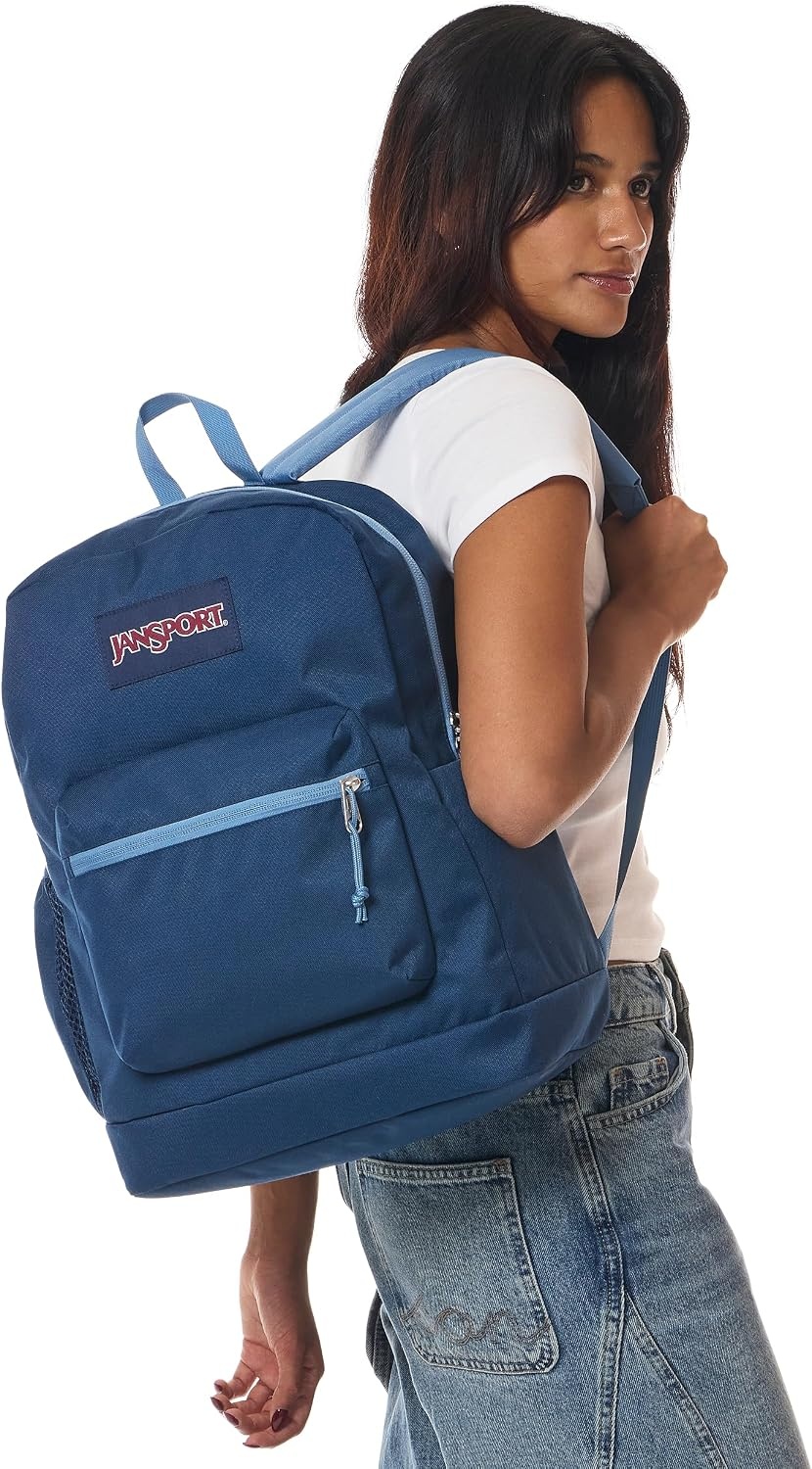 image:imageJanSport Cross Town Plus Backpack Large Main Compartment Side Water Bottle Pocket 15Inch Padded Laptop Sleeve Emerald PoolColor Blocked NavyElemental BlueEle