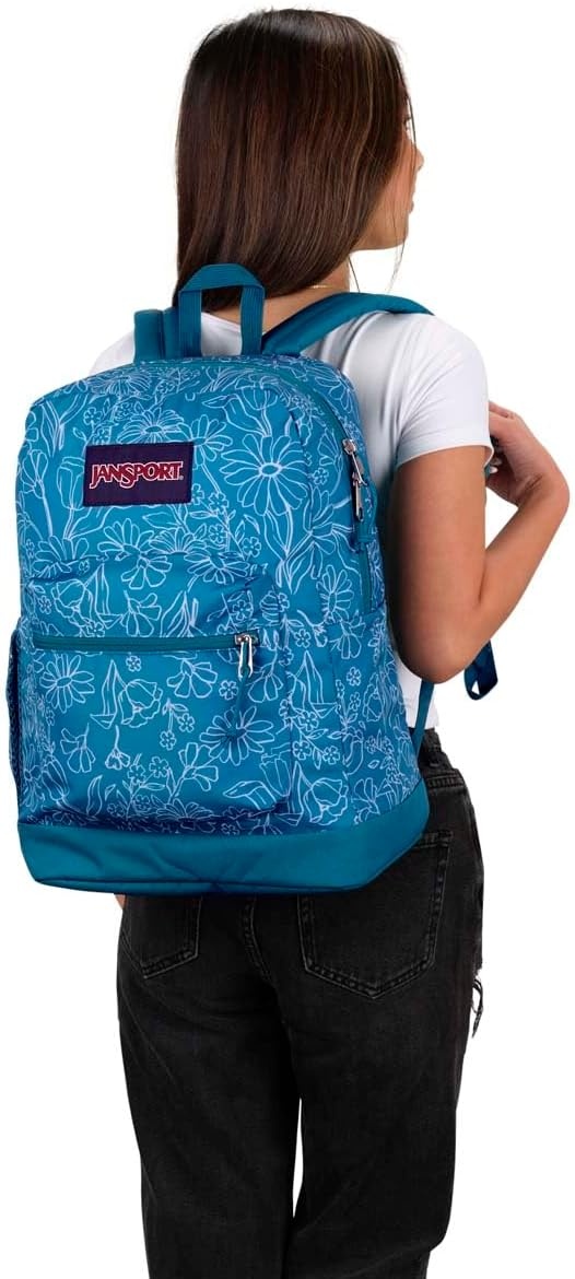 image:imageJanSport Cross Town Plus Backpack Large Main Compartment Side Water Bottle Pocket 15Inch Padded Laptop Sleeve Emerald PoolDelightful Daisies Green