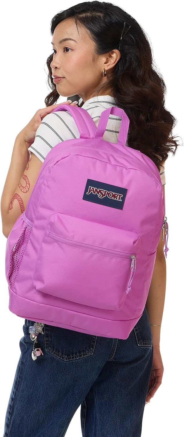 image:imageJanSport Cross Town Plus Backpack Large Main Compartment Side Water Bottle Pocket 15Inch Padded Laptop Sleeve Emerald PoolDigital Fuchsia