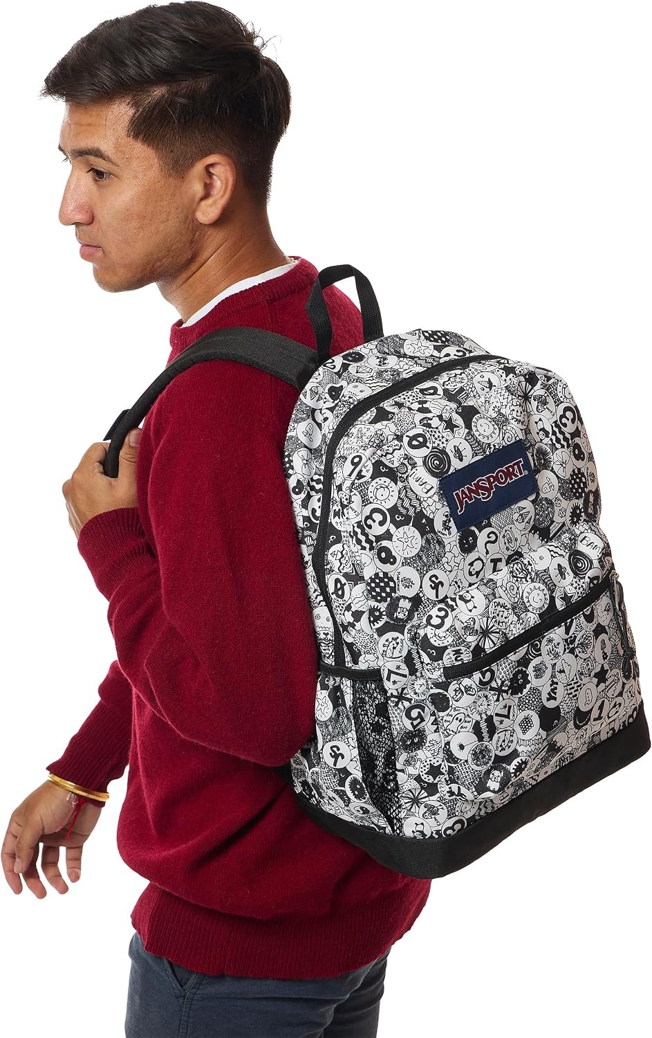 image:imageJanSport Cross Town Plus Backpack Large Main Compartment Side Water Bottle Pocket 15Inch Padded Laptop Sleeve Emerald PoolDoodle Dots BlackWhiteGrey