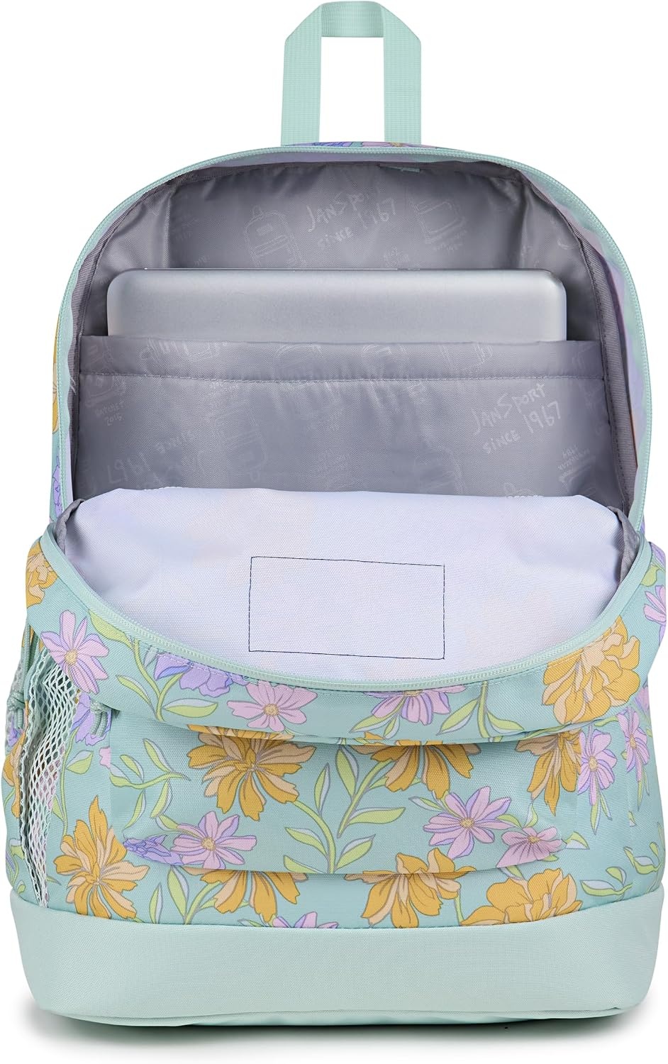 image:imageJanSport Cross Town Plus Backpack Large Main Compartment Side Water Bottle Pocket 15Inch Padded Laptop Sleeve Emerald PoolFaded Floral Fresh Mint
