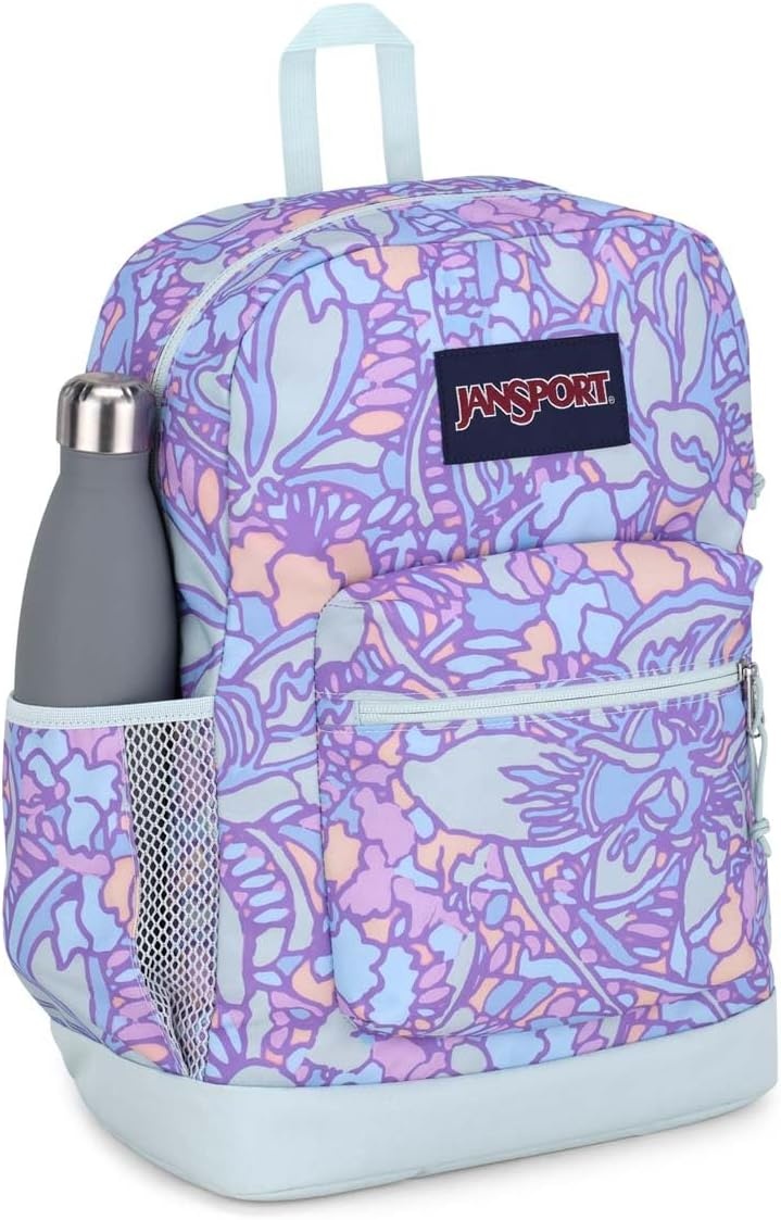 image:imageJanSport Cross Town Plus Backpack Large Main Compartment Side Water Bottle Pocket 15Inch Padded Laptop Sleeve Emerald PoolFluid Floral Pastel Lilac