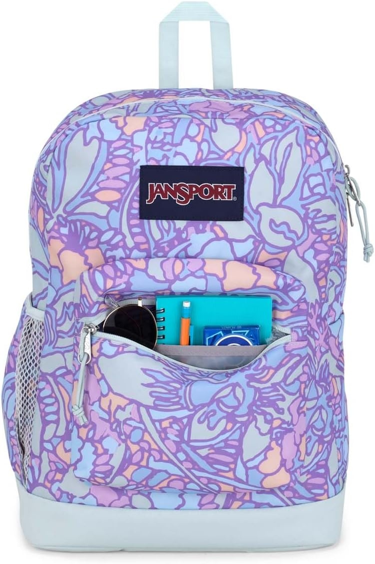 image:imageJanSport Cross Town Plus Backpack Large Main Compartment Side Water Bottle Pocket 15Inch Padded Laptop Sleeve Emerald PoolFluid Floral Pastel Lilac