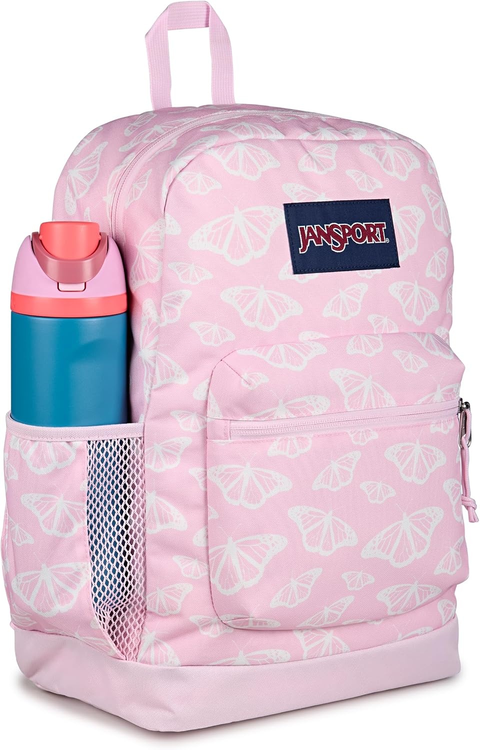 image:imageJanSport Cross Town Plus Backpack Large Main Compartment Side Water Bottle Pocket 15Inch Padded Laptop Sleeve Emerald PoolFlutter By Pink IceWhitePink Ice