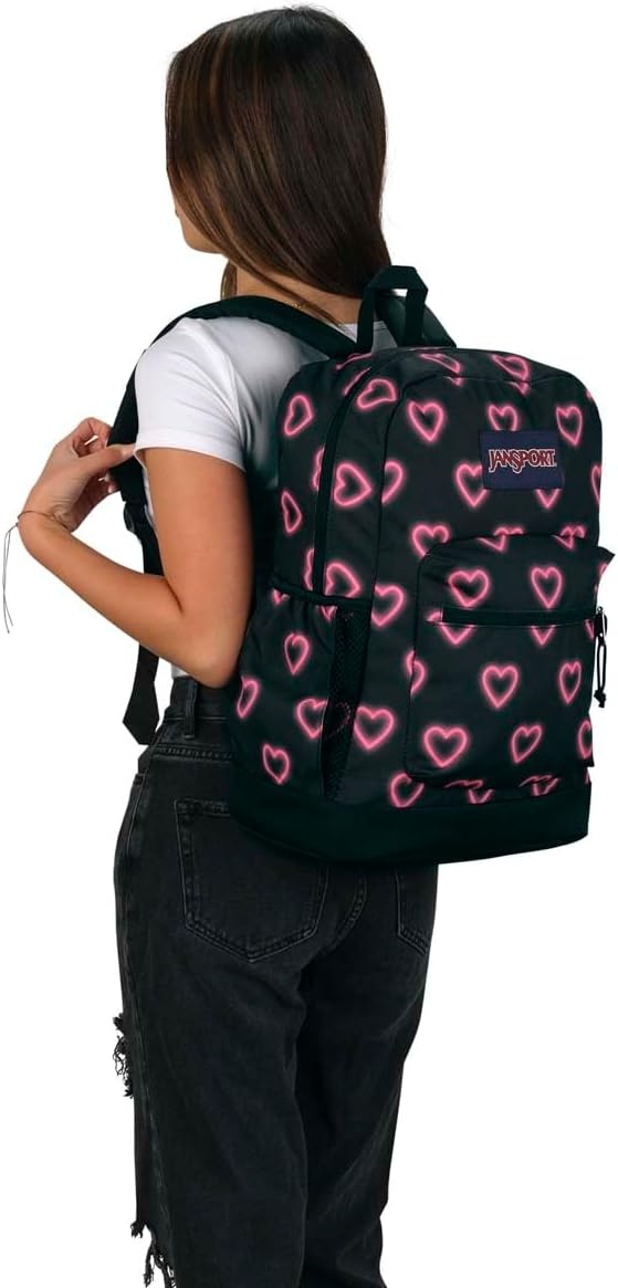 image:imageJanSport Cross Town Plus Backpack Large Main Compartment Side Water Bottle Pocket 15Inch Padded Laptop Sleeve Emerald PoolHappy Hearts Black
