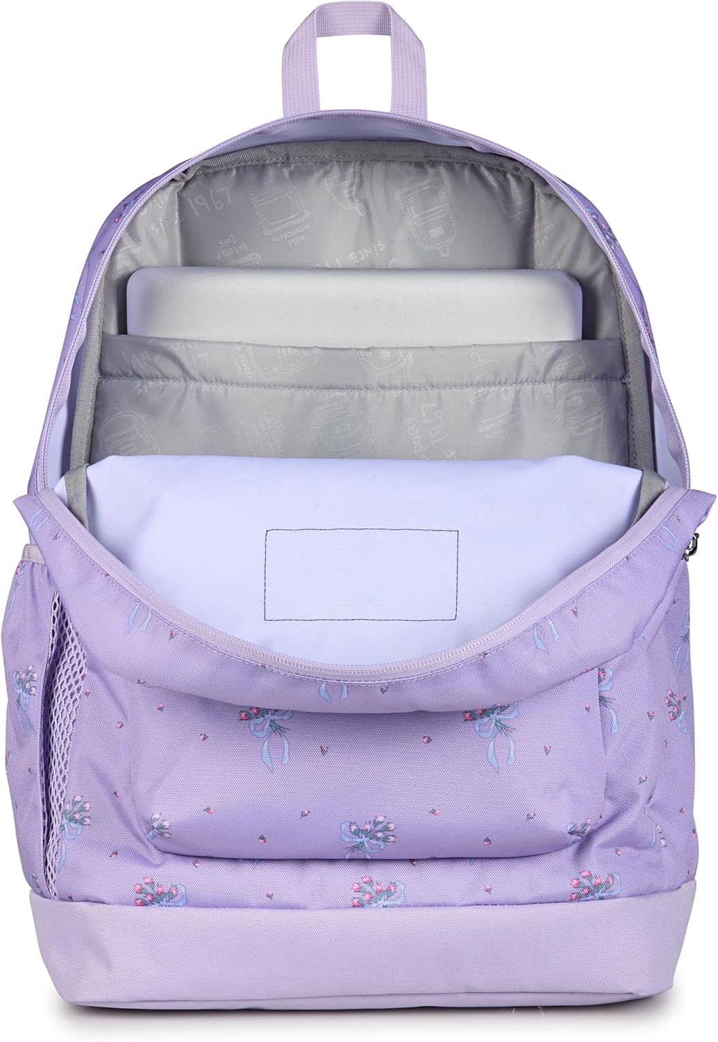 image:imageJanSport Cross Town Plus Backpack Large Main Compartment Side Water Bottle Pocket 15Inch Padded Laptop Sleeve Emerald PoolPastel Petals LilacBluePinkGreen