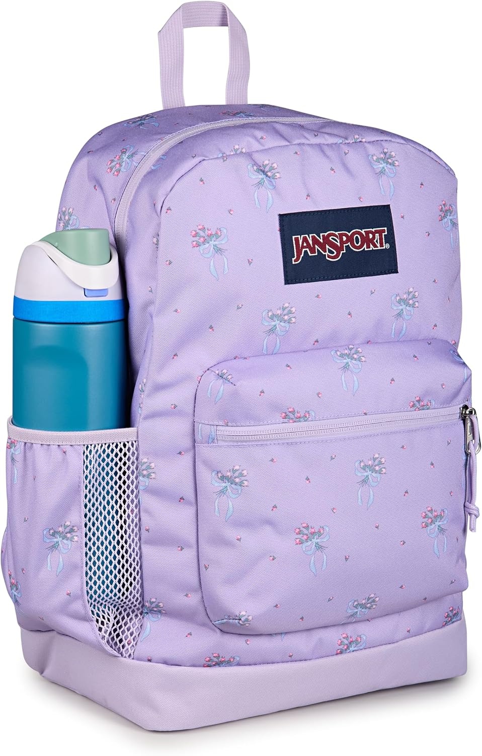 image:imageJanSport Cross Town Plus Backpack Large Main Compartment Side Water Bottle Pocket 15Inch Padded Laptop Sleeve Emerald PoolPastel Petals LilacBluePinkGreen