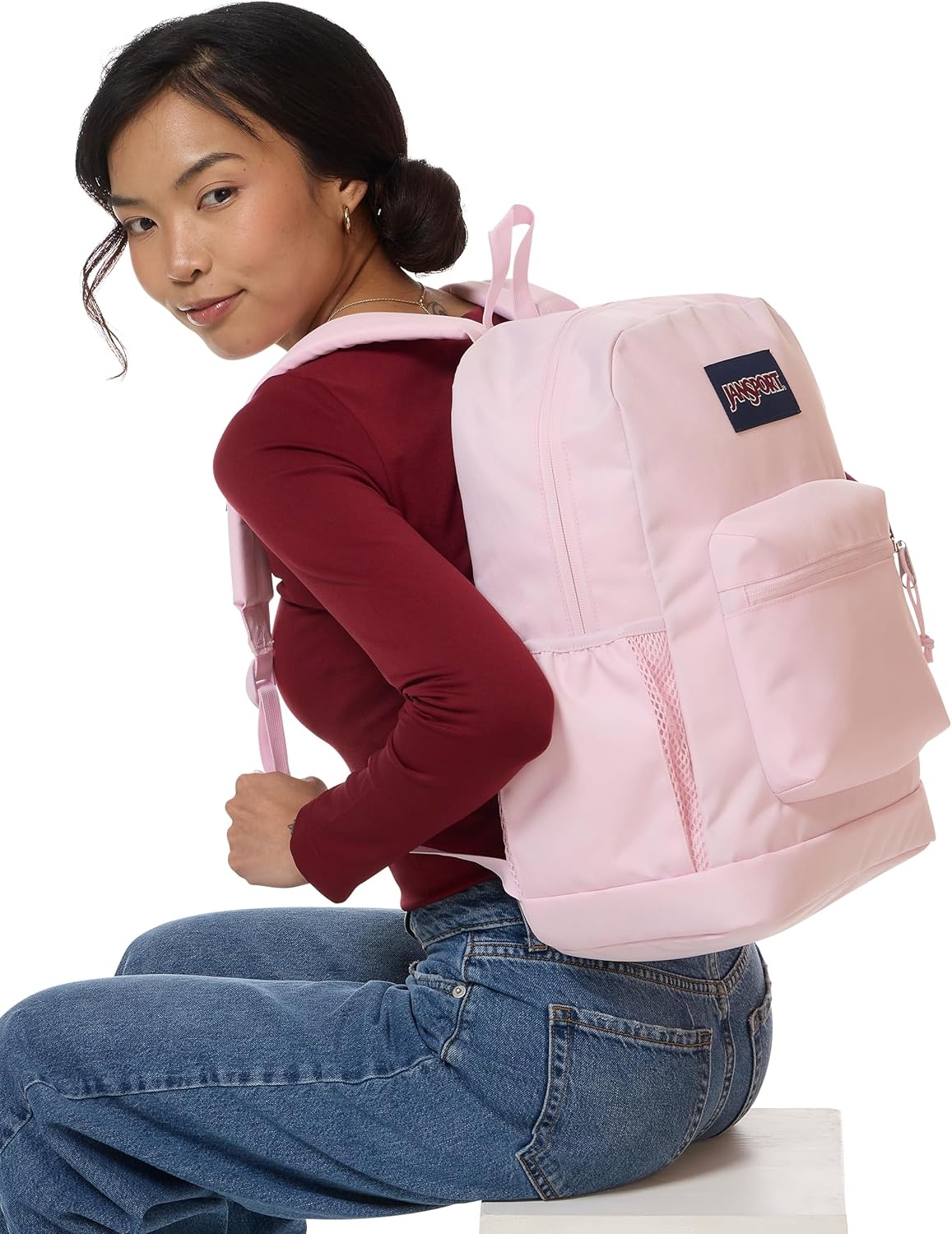 image:imageJanSport Cross Town Plus Backpack Large Main Compartment Side Water Bottle Pocket 15Inch Padded Laptop Sleeve Emerald PoolPink Ice