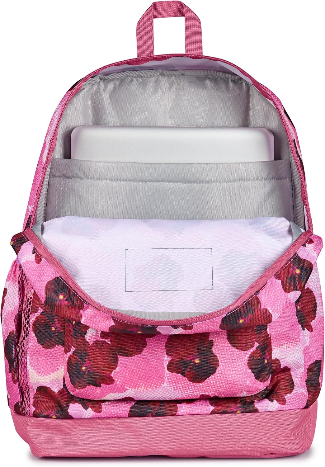 image:imageJanSport Cross Town Plus Backpack Large Main Compartment Side Water Bottle Pocket 15Inch Padded Laptop Sleeve Emerald PoolPop Art Pansies Digital FuchsiaMulti