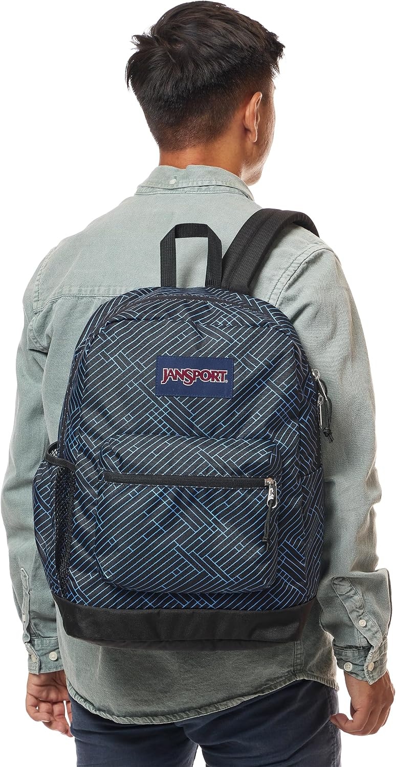 image:imageJanSport Cross Town Plus Backpack Large Main Compartment Side Water Bottle Pocket 15Inch Padded Laptop Sleeve Emerald PoolTeam Stripes BlackBlackAzul