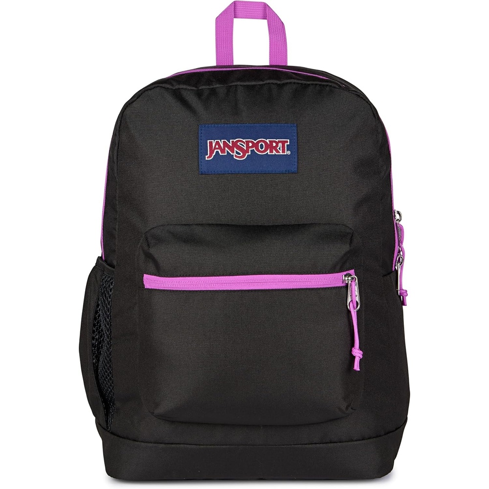 image:imageJanSport Cross Town Plus Backpack Large Main Compartment Side Water Bottle Pocket 15Inch Padded Laptop Sleeve Emerald PoolColor Blocked BlackDigital FuchsiaD